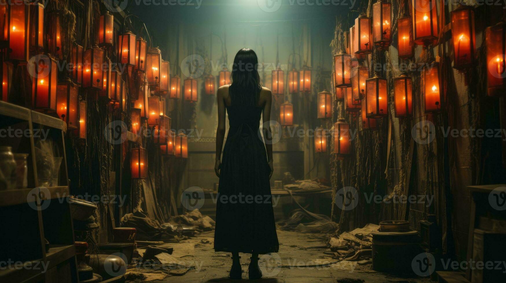 Under the light of the flickering candles, a woman in a long black dress stands in the dark night, her silhouette creating a mysterious and wild atmosphere, AI Generative photo