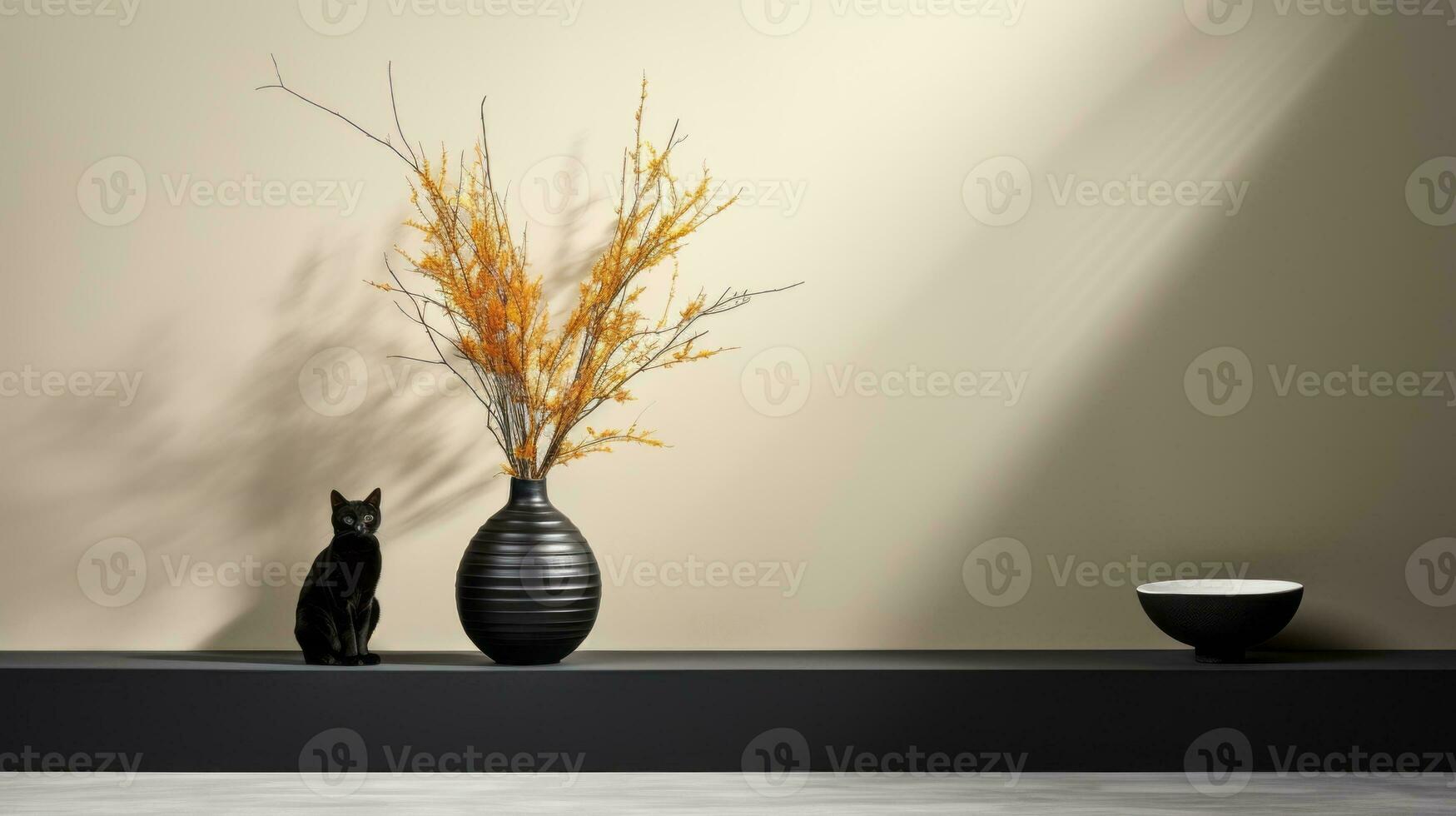 A black cat sitting next to a vase with yellow flowers, AI Generative photo