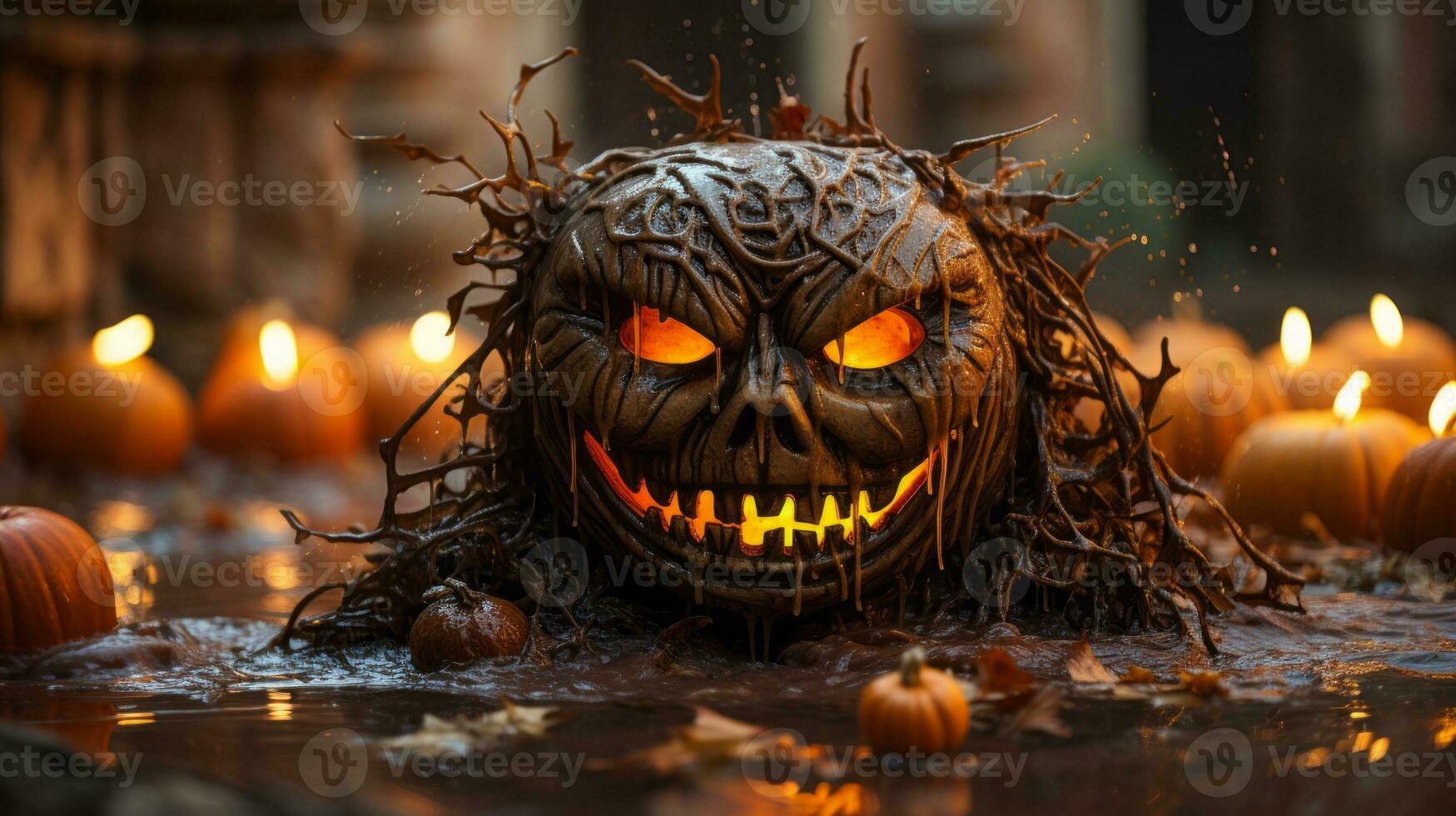 On halloween night, a candle illuminates a spooky pumpkin with a carved face, creating an eerie atmosphere perfect for the season, AI Generative photo