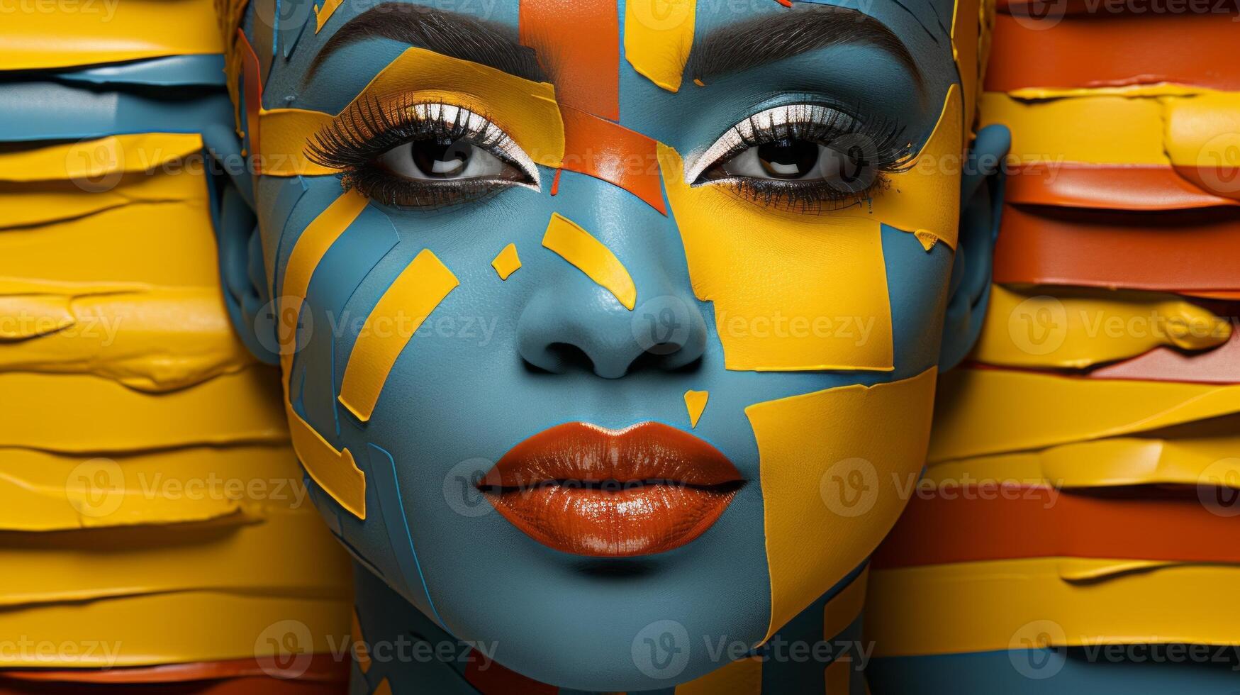A captivating statue of a woman adorned with bright blue and yellow