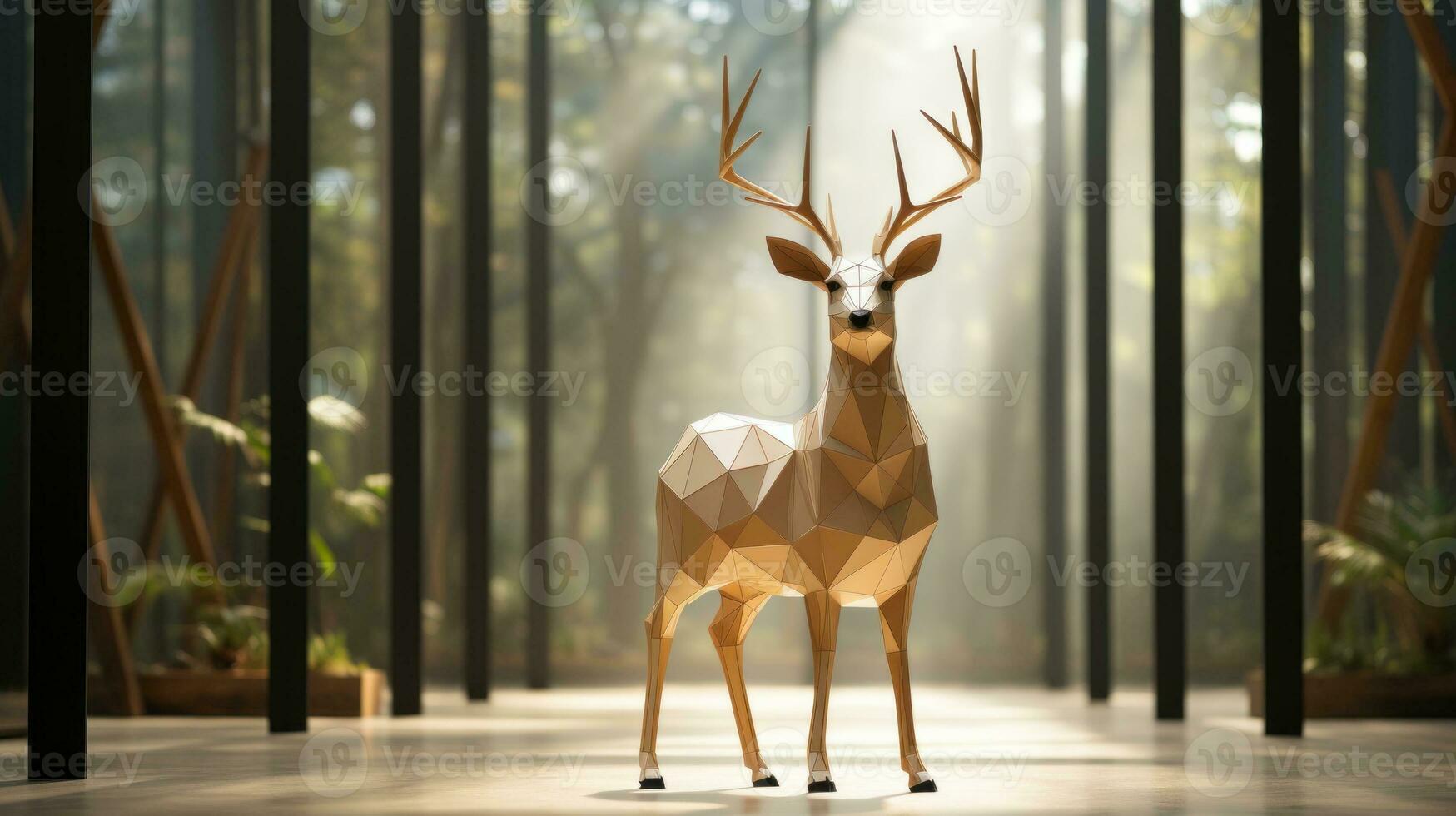 A majestic low poly deer stands tall in the wild, its majestic antlers and graceful silhouette captivating and evoking the beauty of nature, AI Generative photo