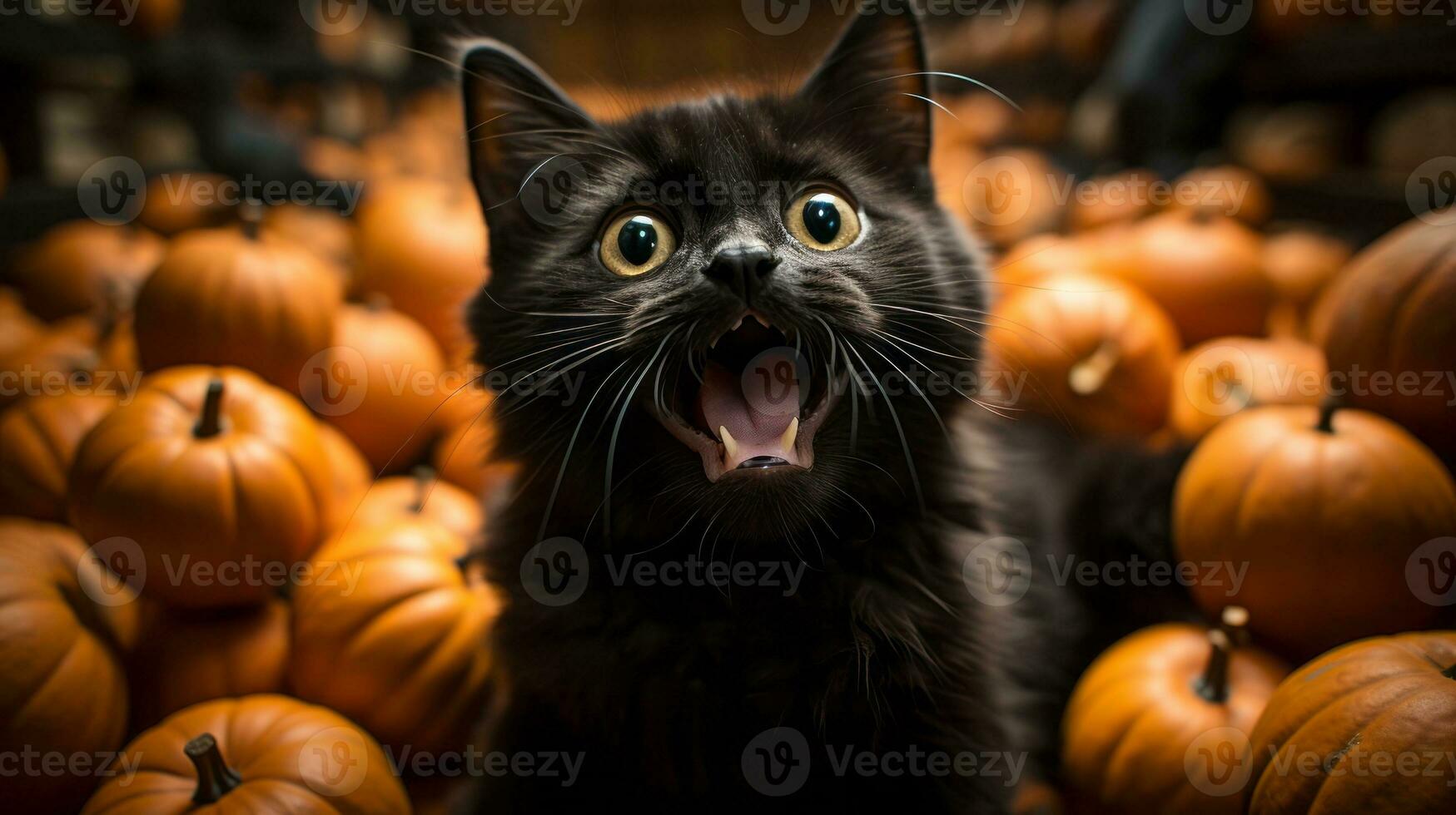 A black cat with its mouth open with bright orange pumpkins, AI Generative photo