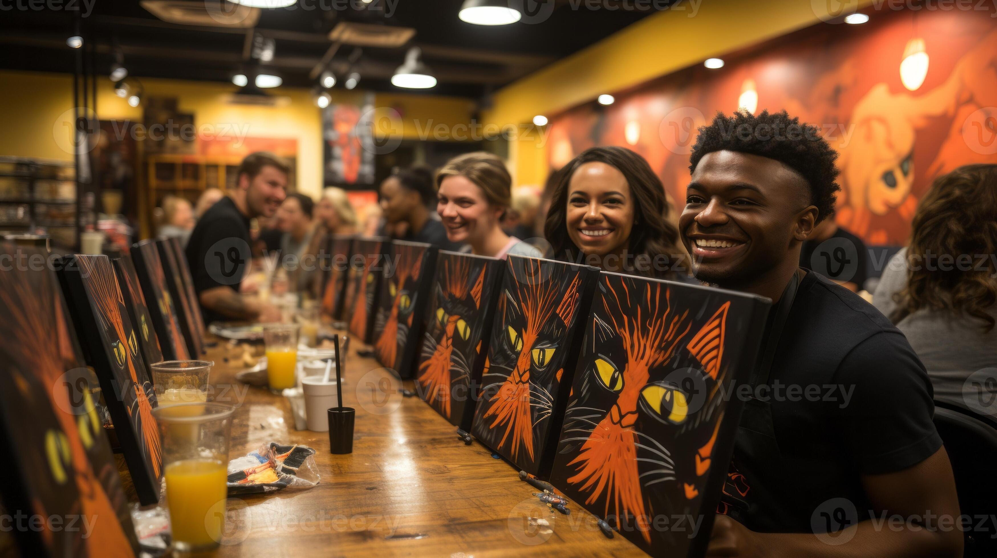 At a lively pub, a group of people smile as they enjoy food and drinks 
