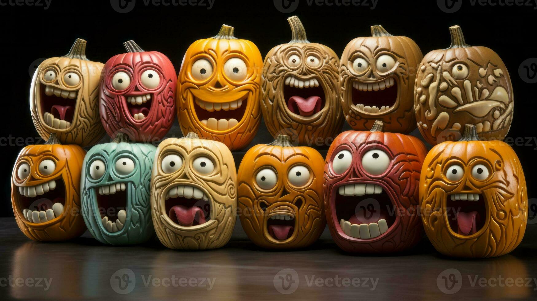 A spooky yet inviting atmosphere is created by a group of grinning jack-o'-lanterns, their carved faces gleaming in the light of a halloween night indoors, AI Generative photo
