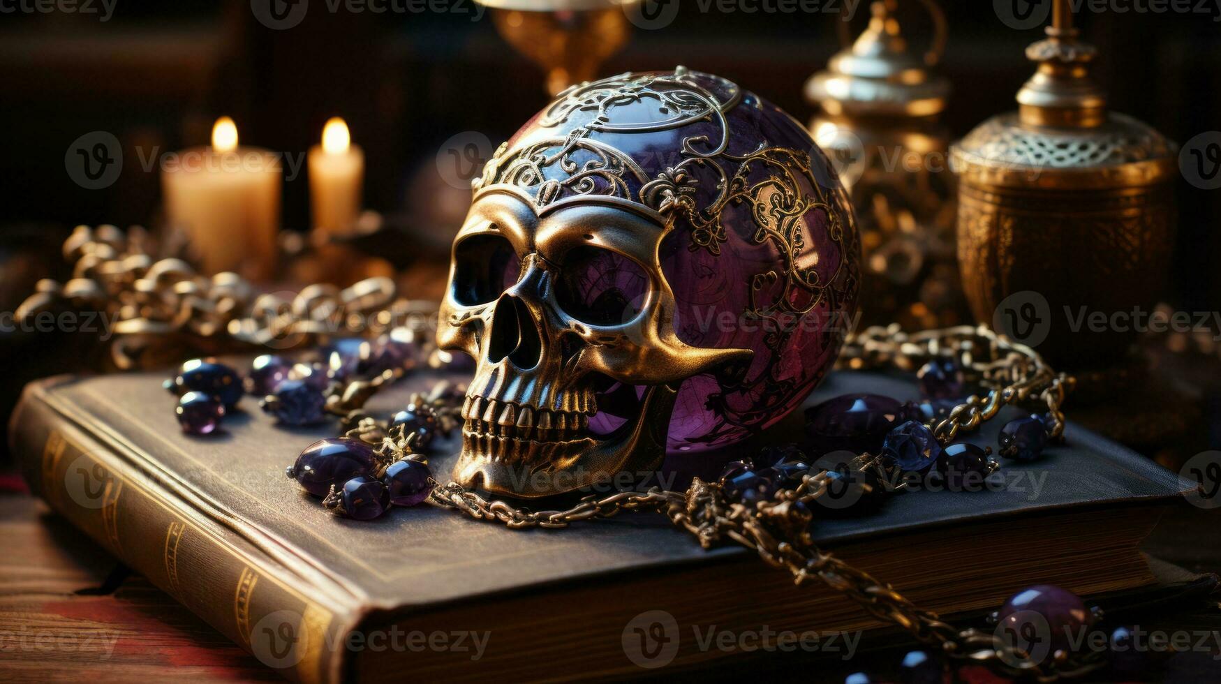 In a dimly lit room, a mysterious skull stands atop a dusty book, its purple ball and beaded candle casting an eerie glow that invites curiosity and wonder, AI Generative photo
