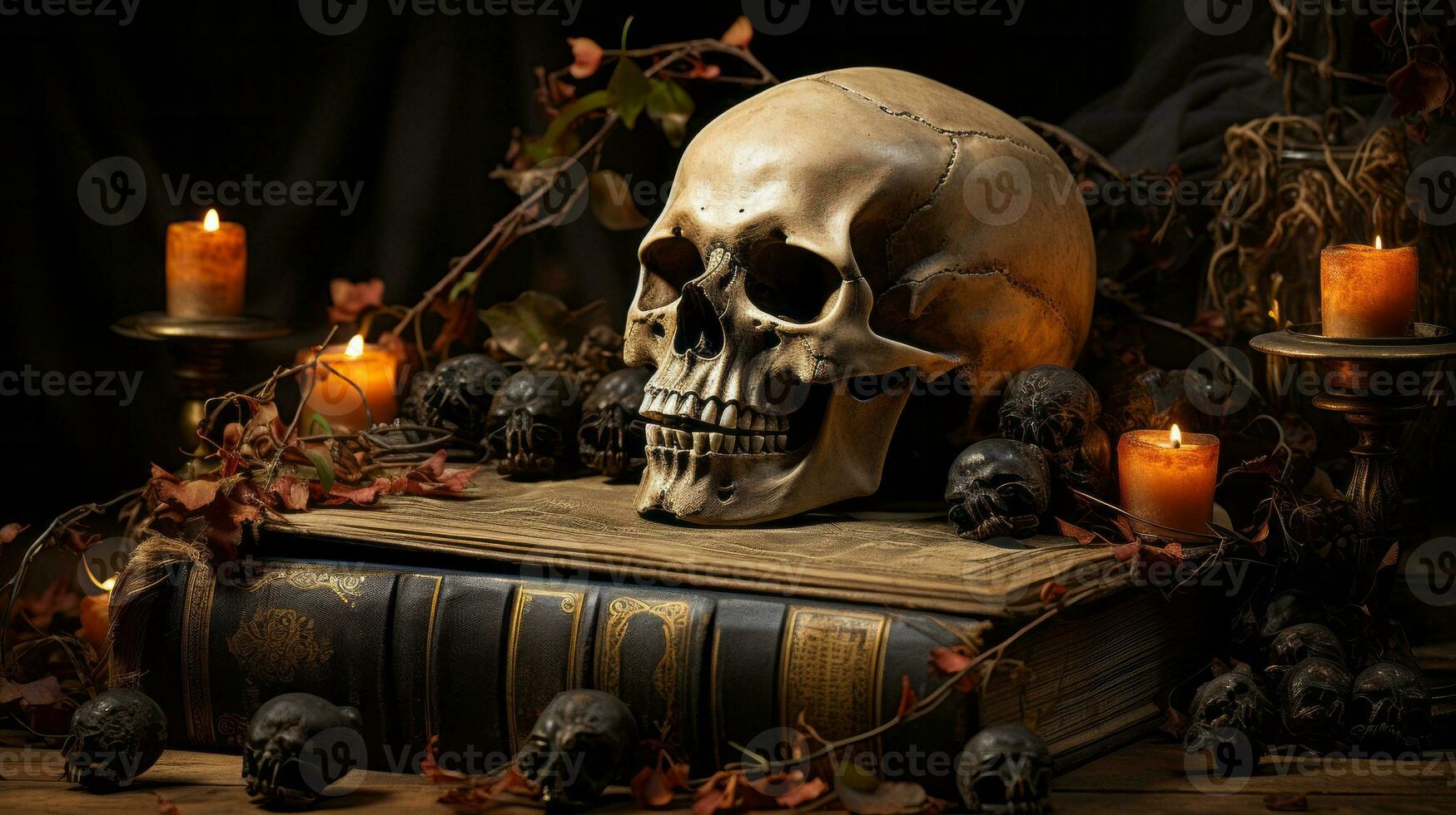 A spooky skull candle glows in the darkness of a halloween-decorated indoor hall, its bony visage perched atop a mysterious book, AI Generative photo