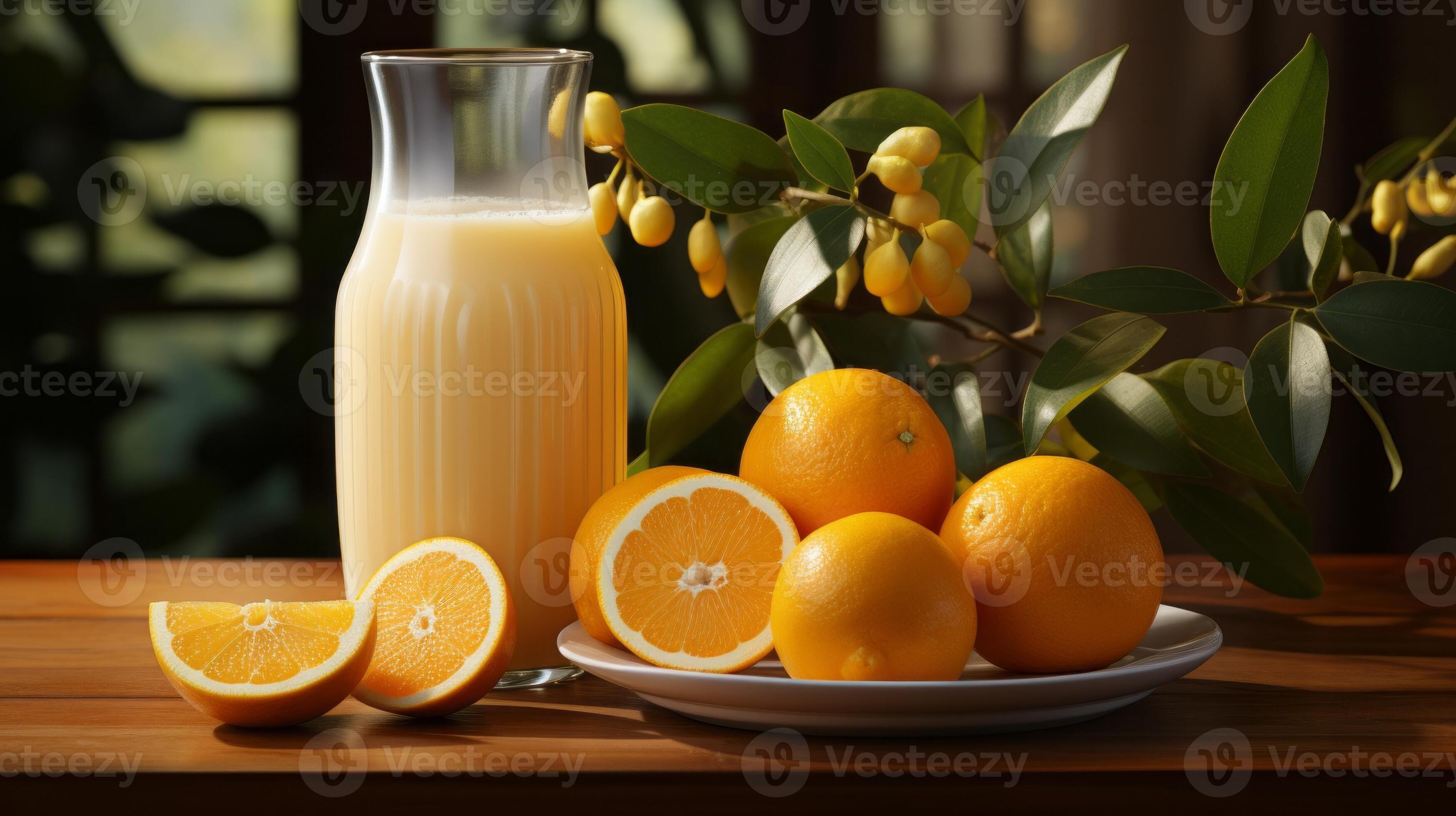 A stilllife of vivid oranges and a jug of creamy milk, overflowing