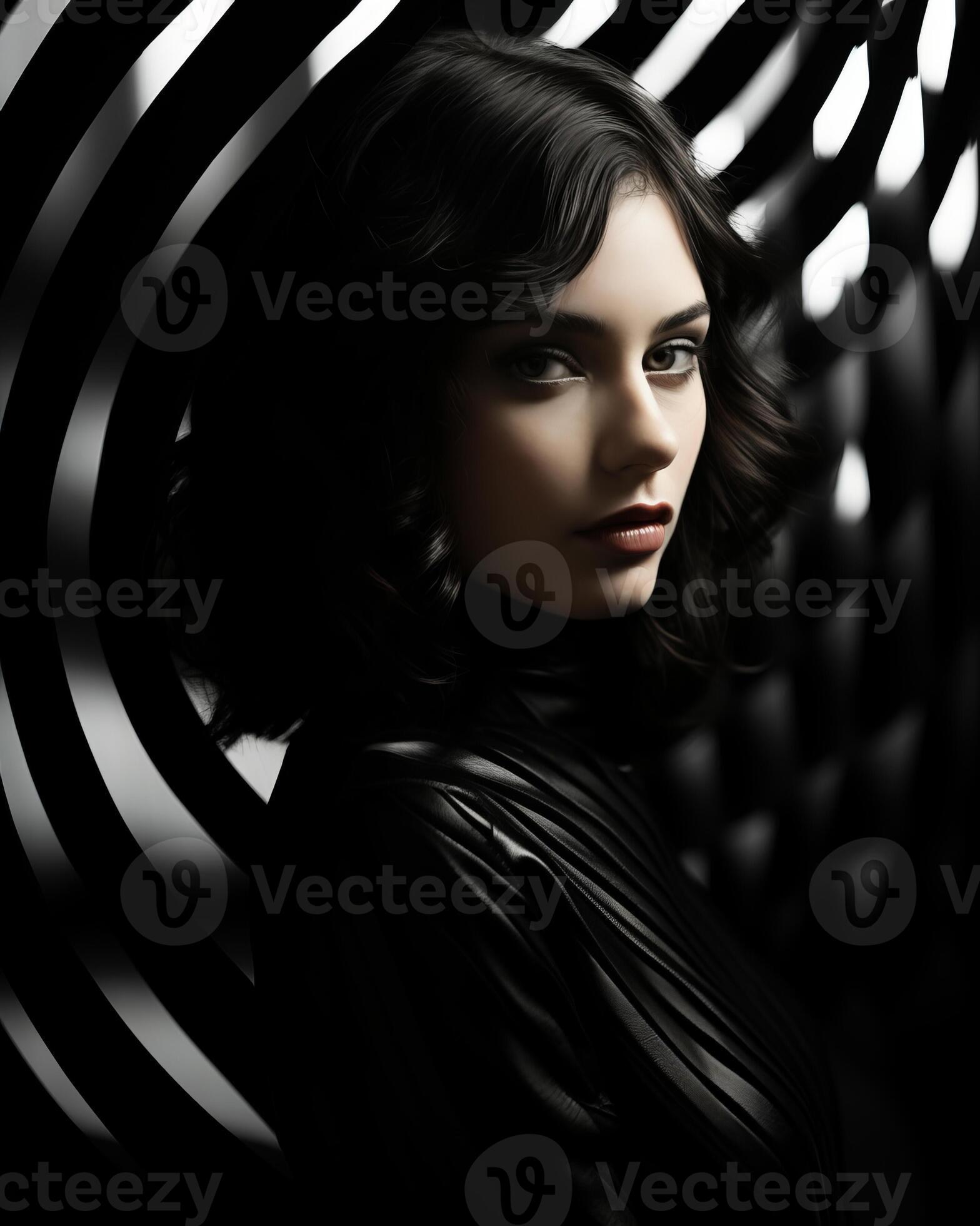 A beautiful young woman stands confidently in a striking black shirt