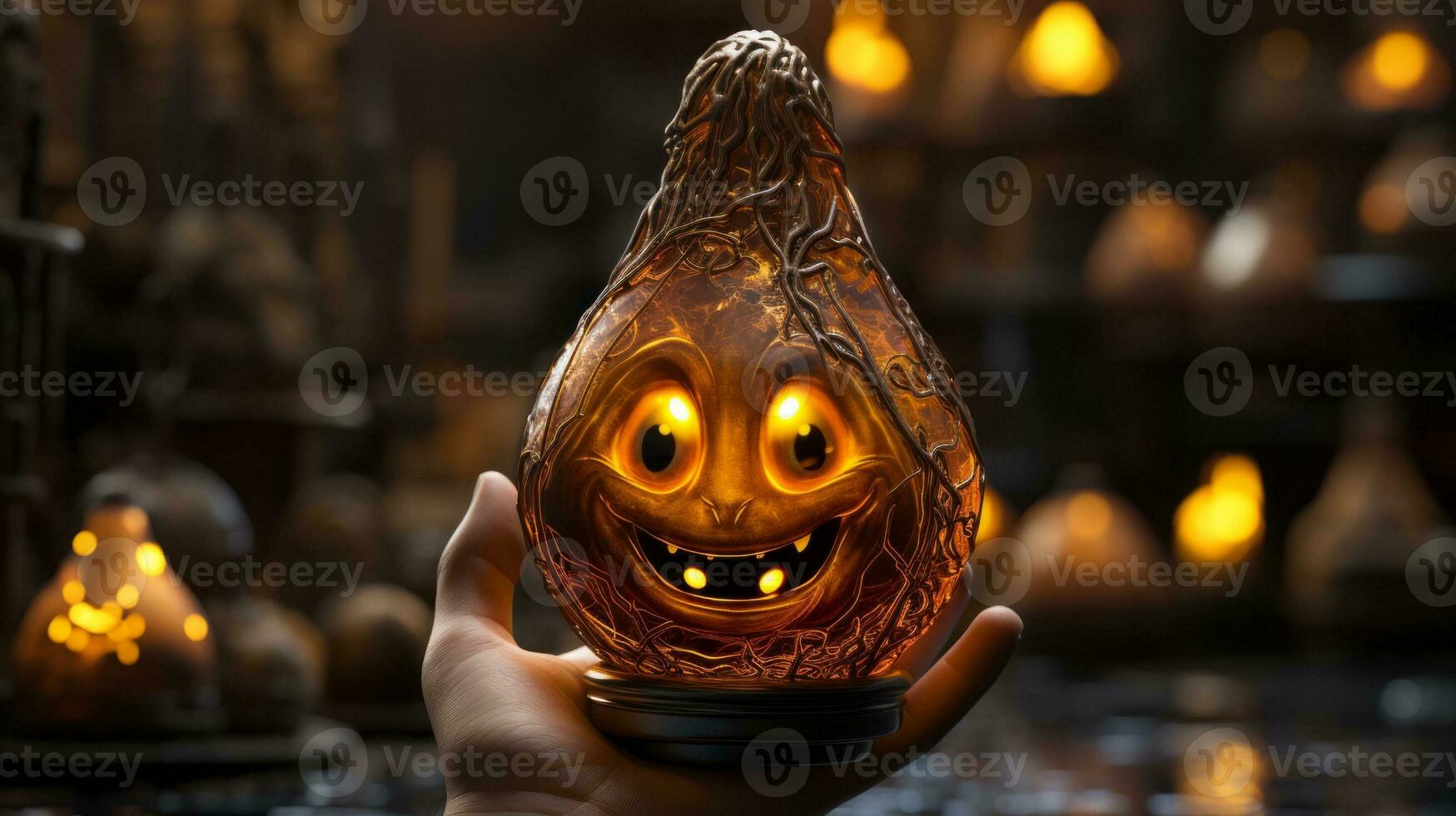 On a dark and mysterious halloween night, a single hand holds a candle-lit pumpkin, illuminating the surrounding darkness with a warm, comforting glow, AI Generative photo