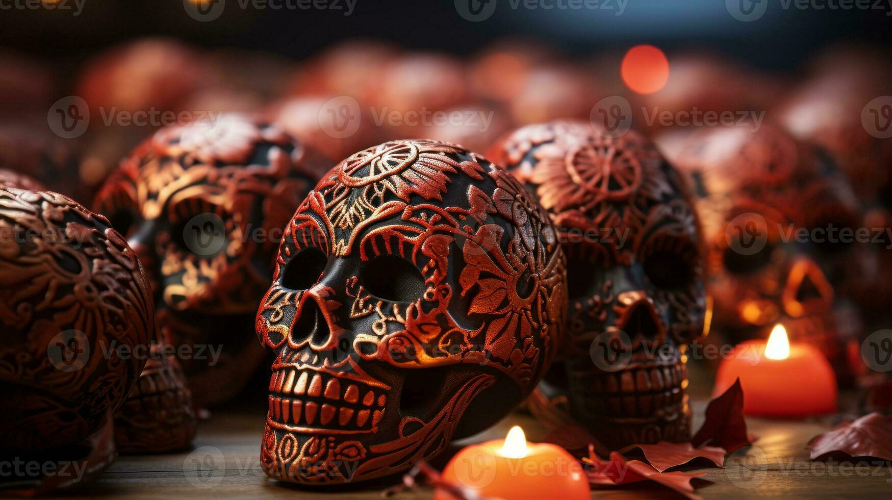 A hauntingly beautiful halloween scene of a collection of skulls illuminated by a single flickering candle, a macabre reminder of the fragility of life, AI Generative photo