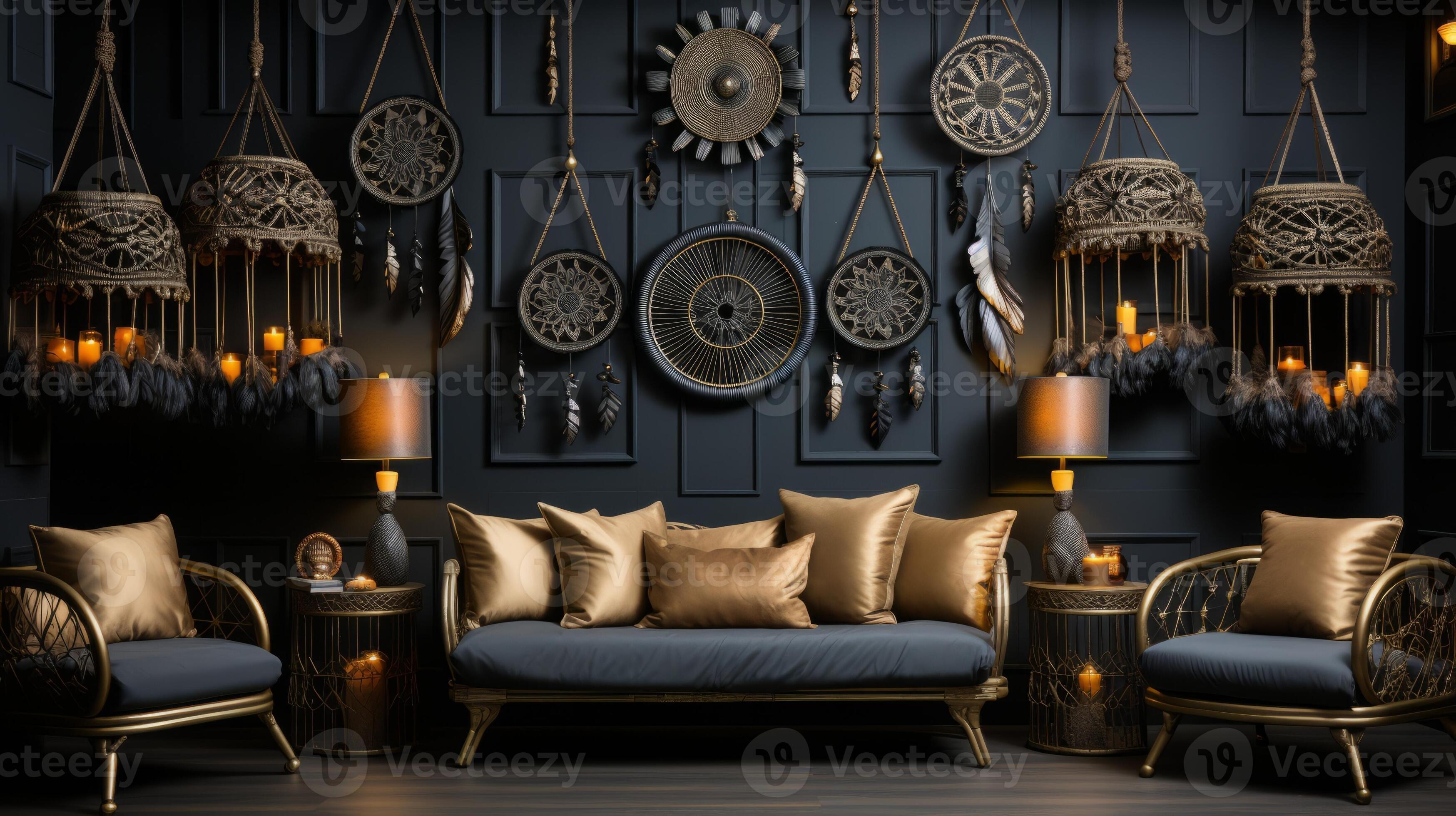 In this cozy room filled with furniture light and dream catchers
