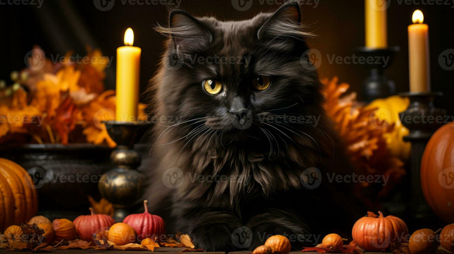 A black cat sitting in front of a candle and pumpkins, AI Generative photo