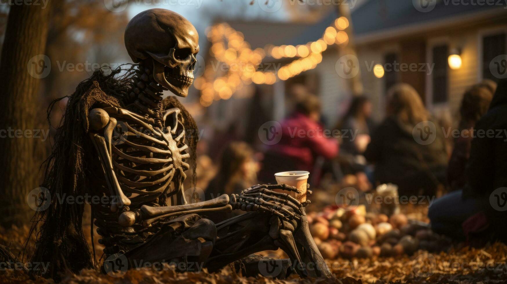 An eerily lifelike statue sits outdoors, surrounded by leaves, mysteriously dressed and clutching a cup in its bony hands, AI Generative photo