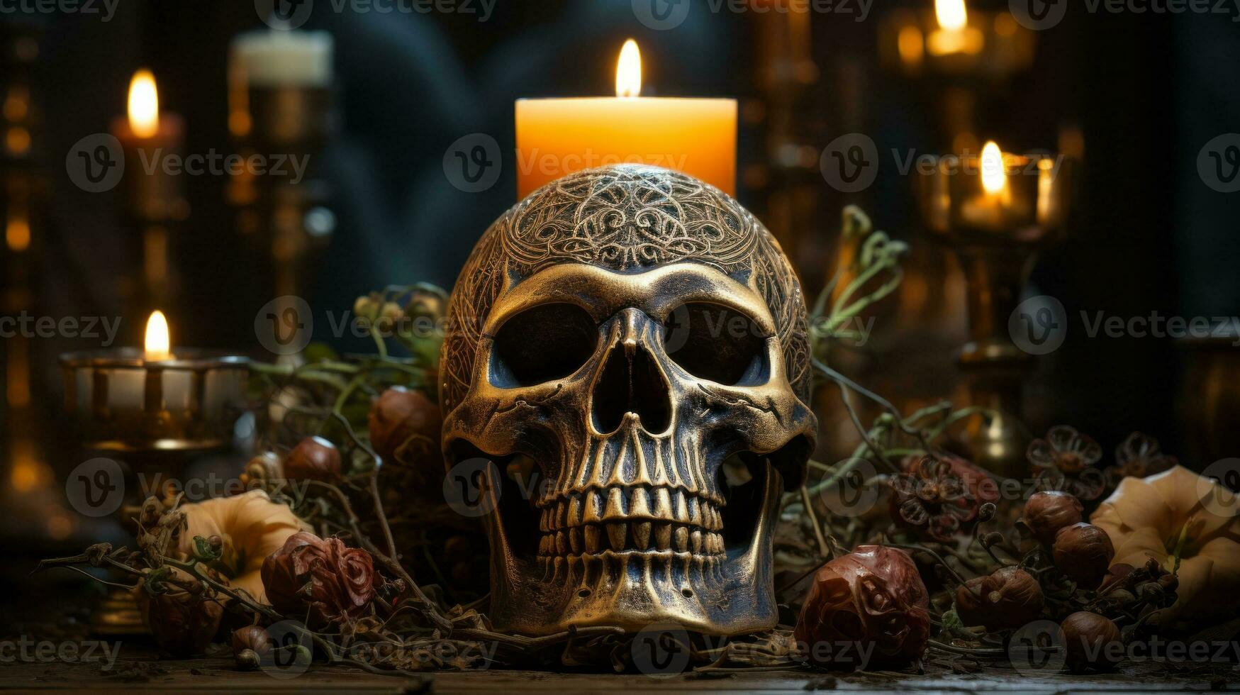 A single candle flickers atop a hauntingly beautiful skull, surrounded by a vibrant garden of lush plants, AI Generative photo