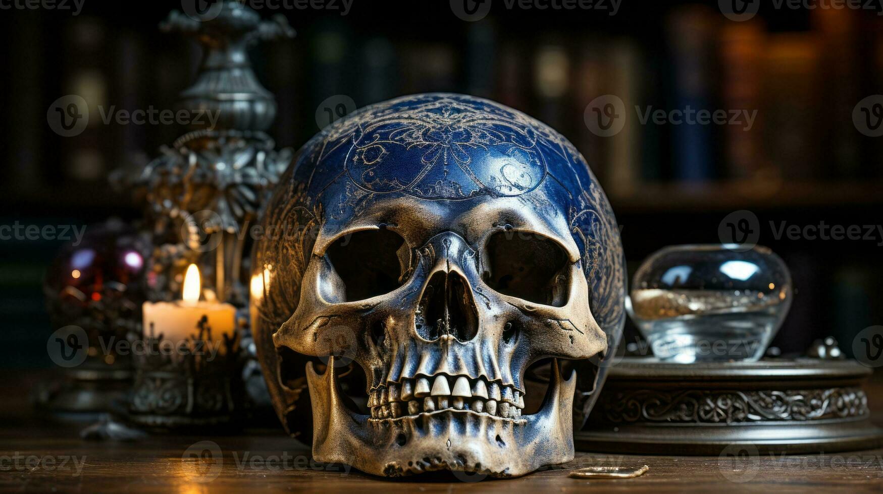 In a dark and mysterious room, a single skull peers out, surrounded by eerie blue light and flickering candles that cast shadows across its bony surface, AI Generative photo