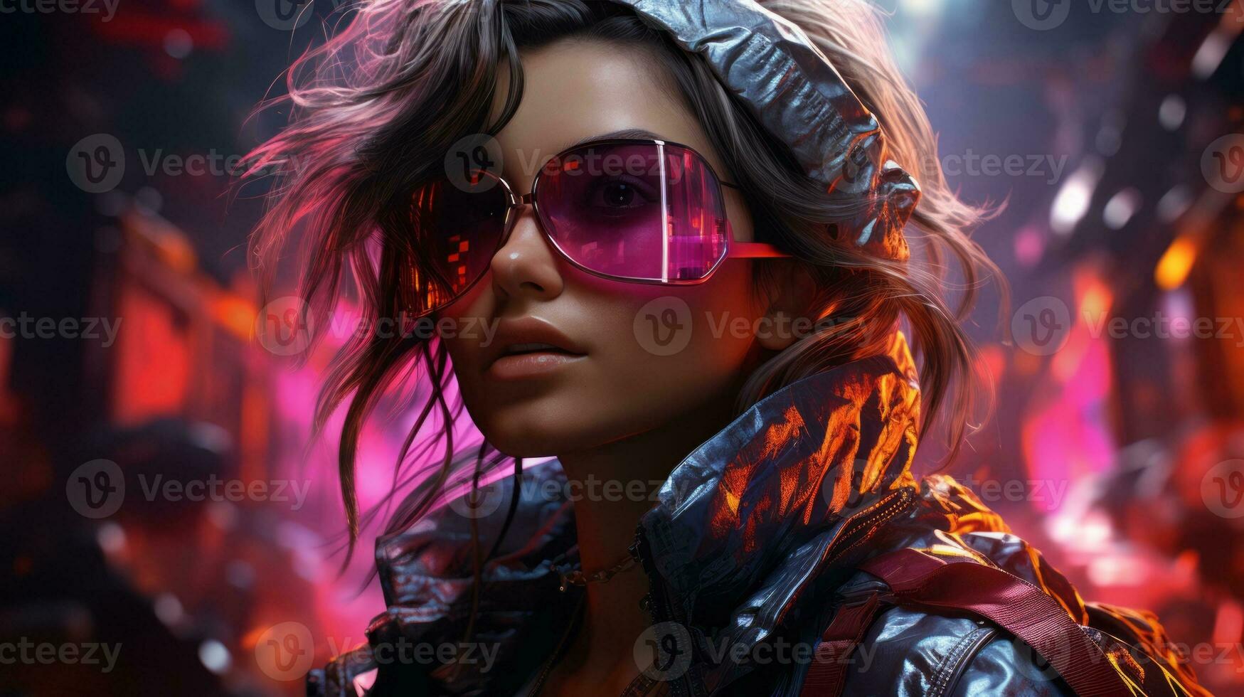 A mysterious woman stands out with her magenta sunglasses, daringly combining fashion and style in an eye-catching display, AI Generative photo