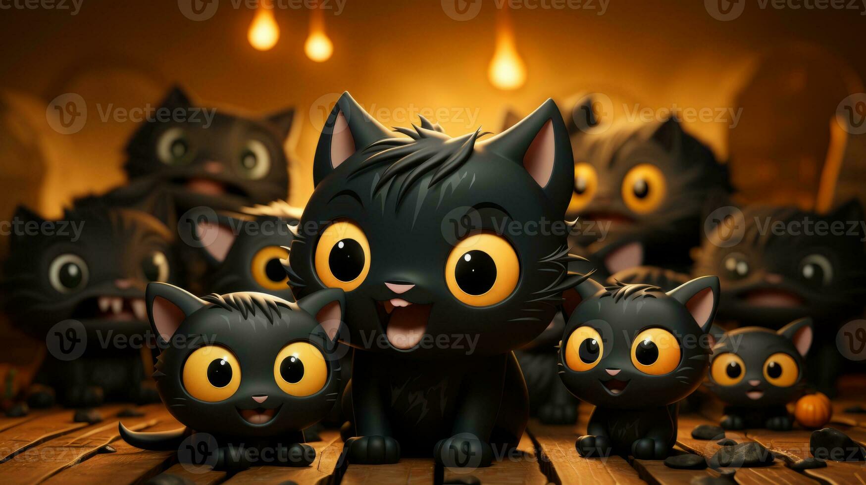 un grupo de dañoso negro gatos en broma explorar un interior Víspera de Todos los Santos ajuste lleno con vistoso juguetes, caricaturas, y parpadeando velas, ai generativo foto