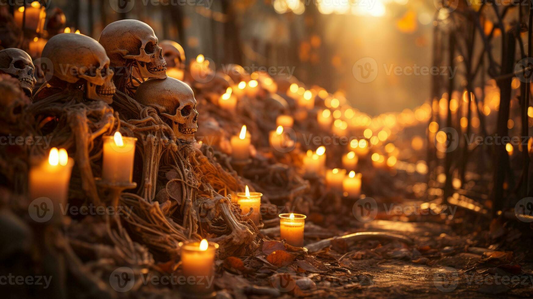 On a dark halloween night, a chilling scene of burning candles illuminating a group of skulls scattered across the outdoor ground creates a hauntingly beautiful atmosphere, AI Generative photo