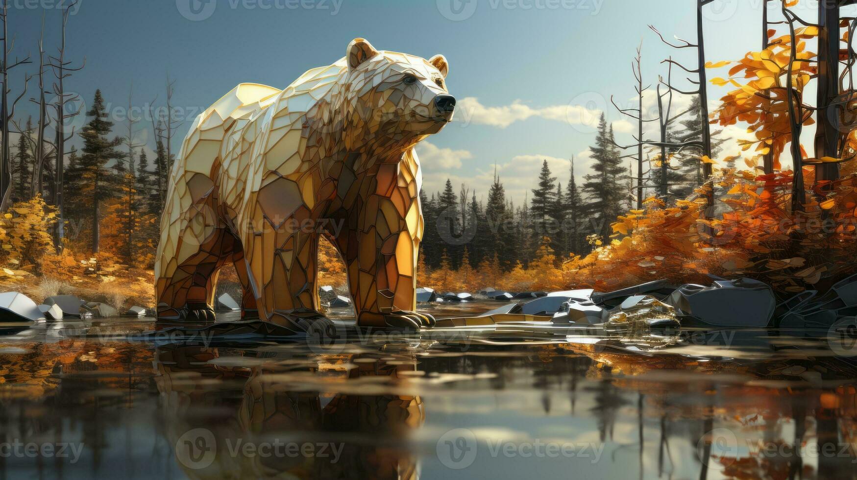 Against a backdrop of towering trees and an open sky, a majestic bear stands in stillness in the water, embodying the beauty and grandeur of nature, AI Generative photo