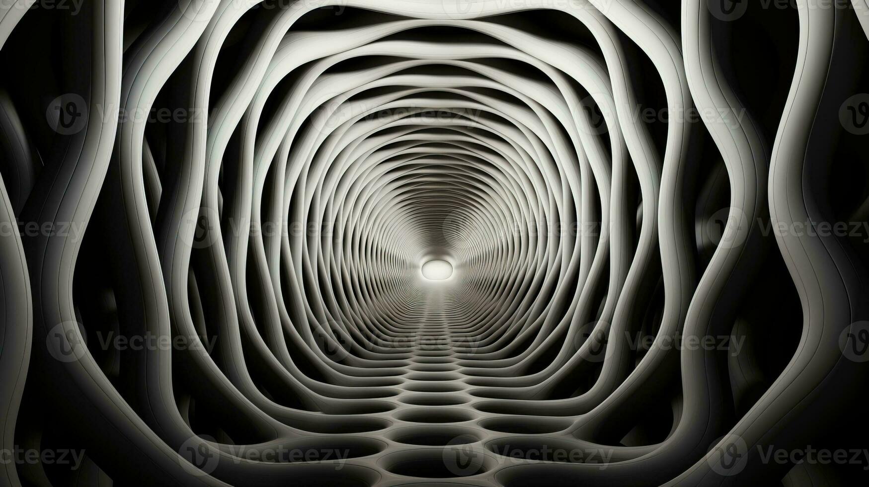 A captivating abstract pattern of symmetrical spirals swirls in a mesmerizing monochrome of black and white, creating an entrancing tunnel of art, AI Generative photo