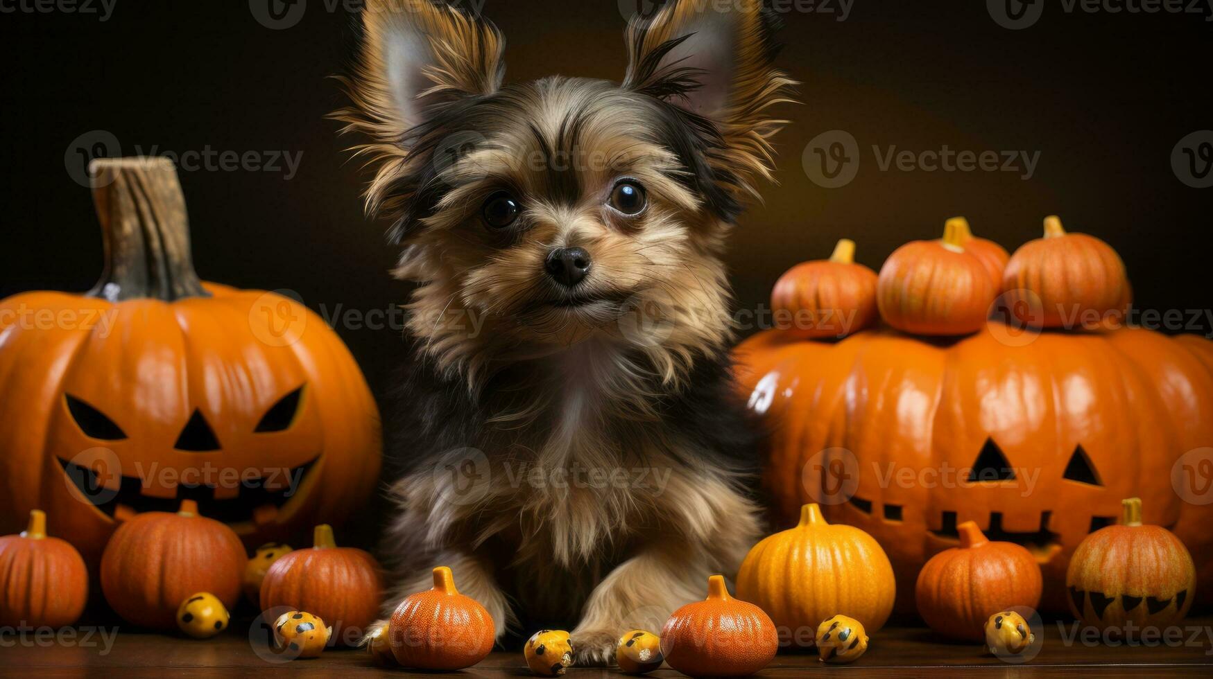 On a crisp halloween morning, a loyal pet dog sits contentedly among the vibrant orange pumpkins, connecting the indoors to the outdoor autumn season, AI Generative photo