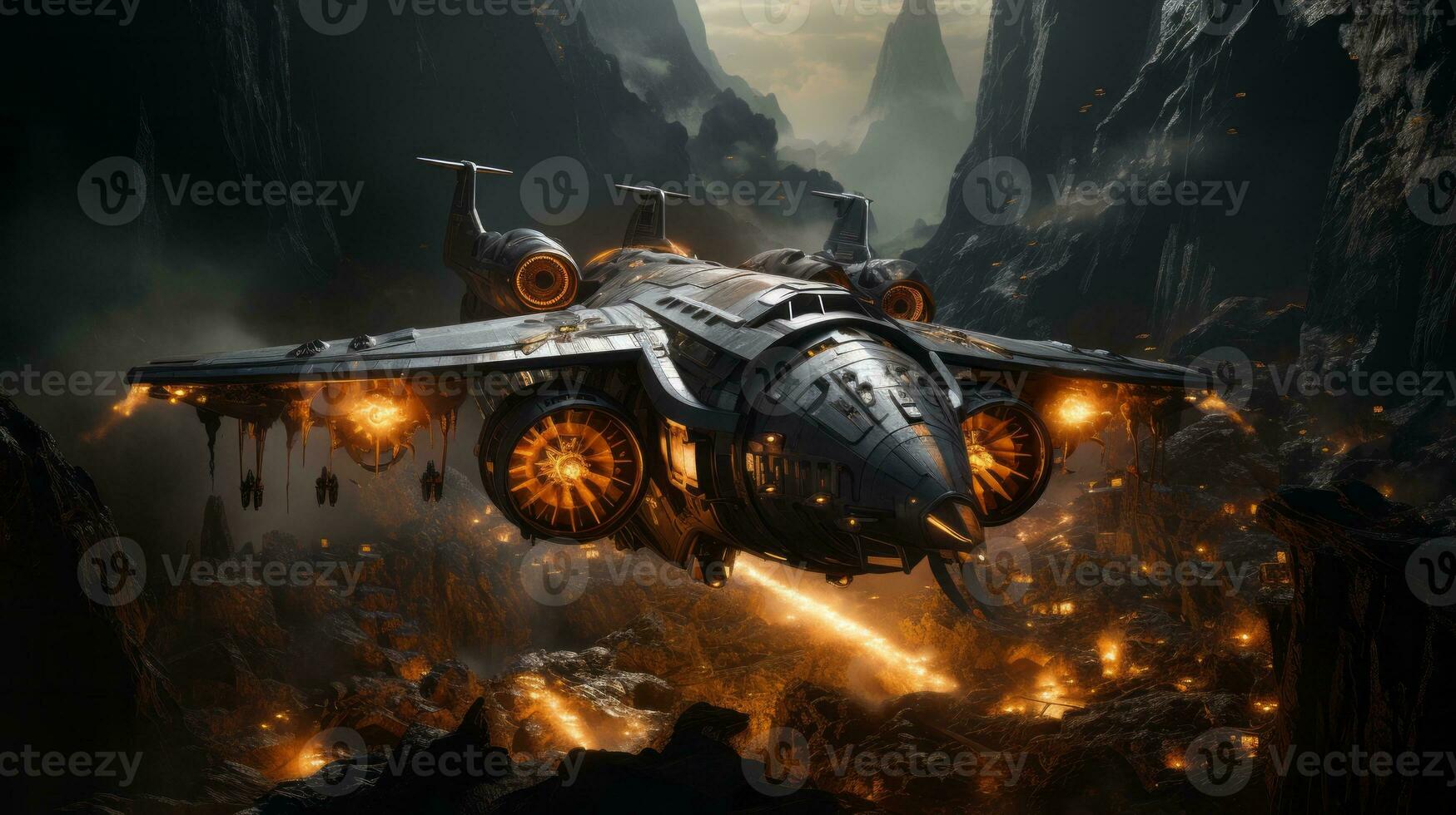 A breathtaking of a spacecraft soaring through a rugged terrain, wielding weapons for an epic battle, AI Generative photo