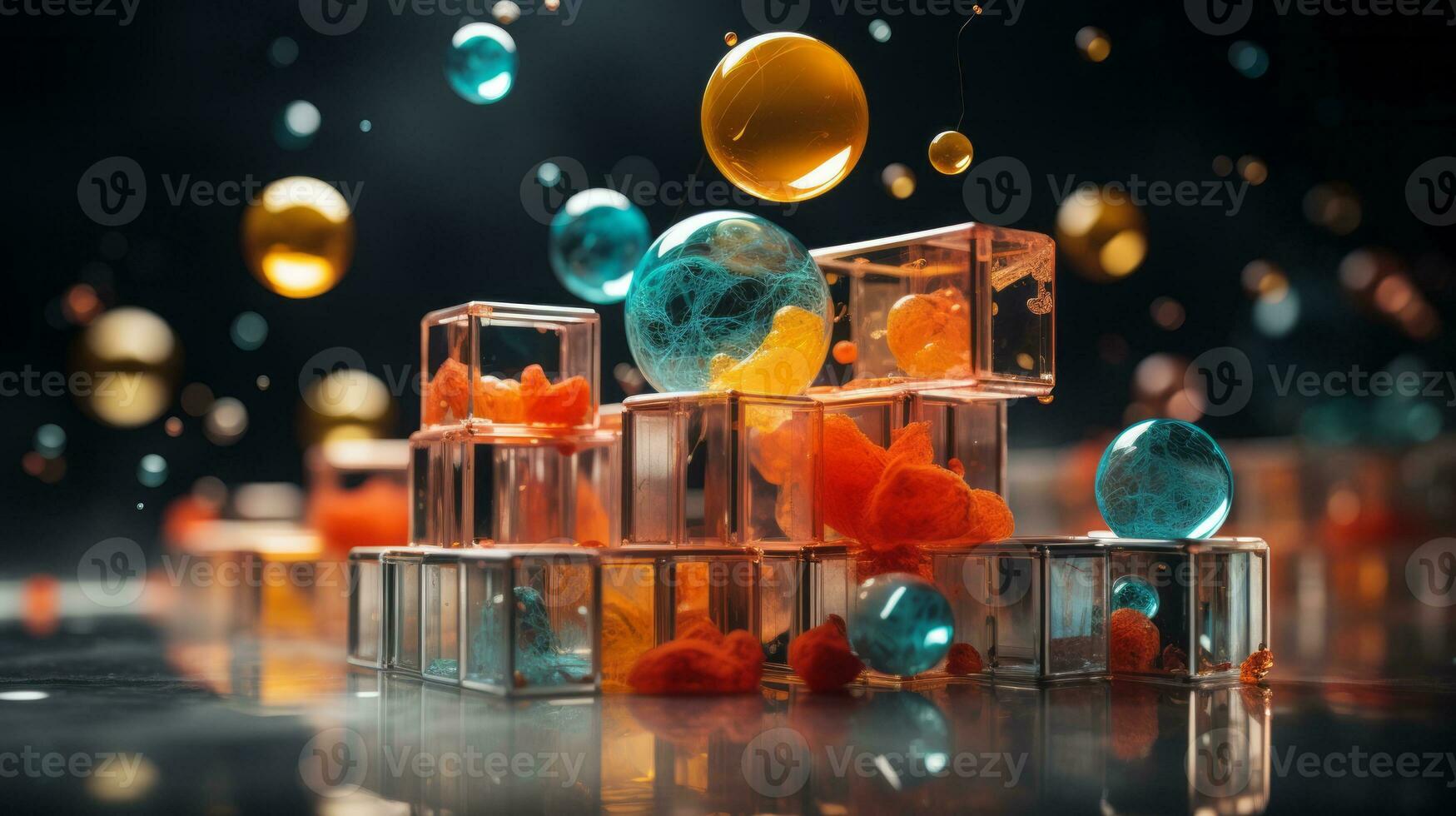 At night, the light glints off of the glass balls and orange and blue orbs, creating a wild and vibrant display of color that fills the indoor space, AI Generative photo