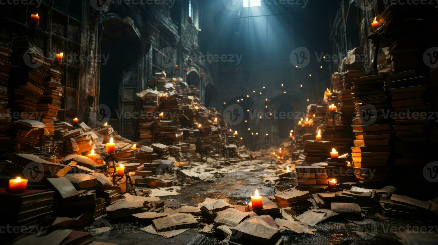 On a dark night, a solitary candle illuminates a room filled with books, beckoning to the wild possibilities of the city beyond its windows, AI Generative photo