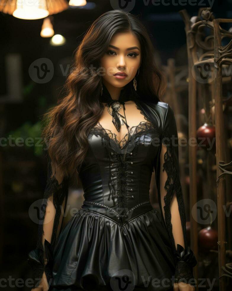 A gothic lady in a stunning black dress stands confidently in