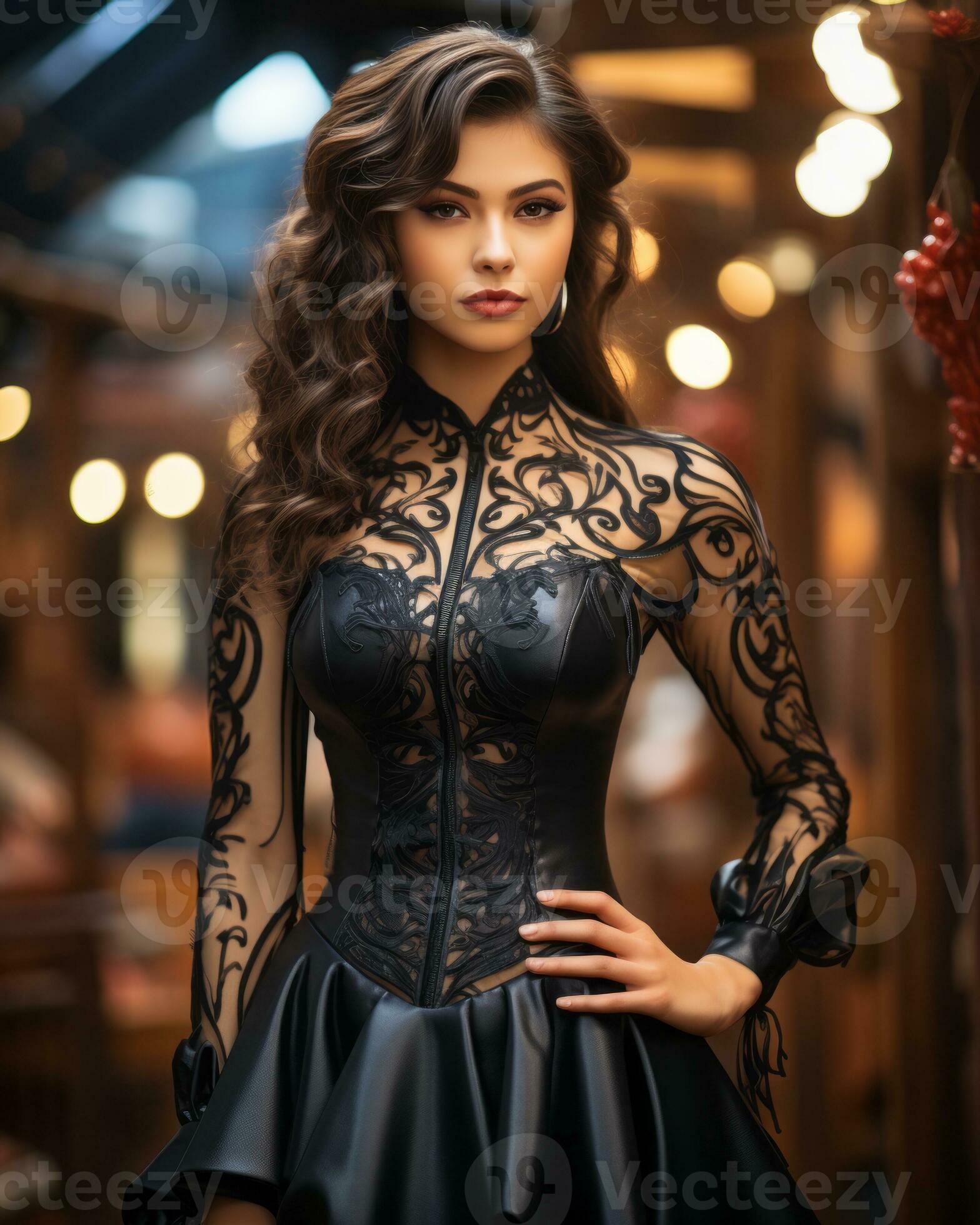A gothic lady, adorned in a stunning black dress and corset