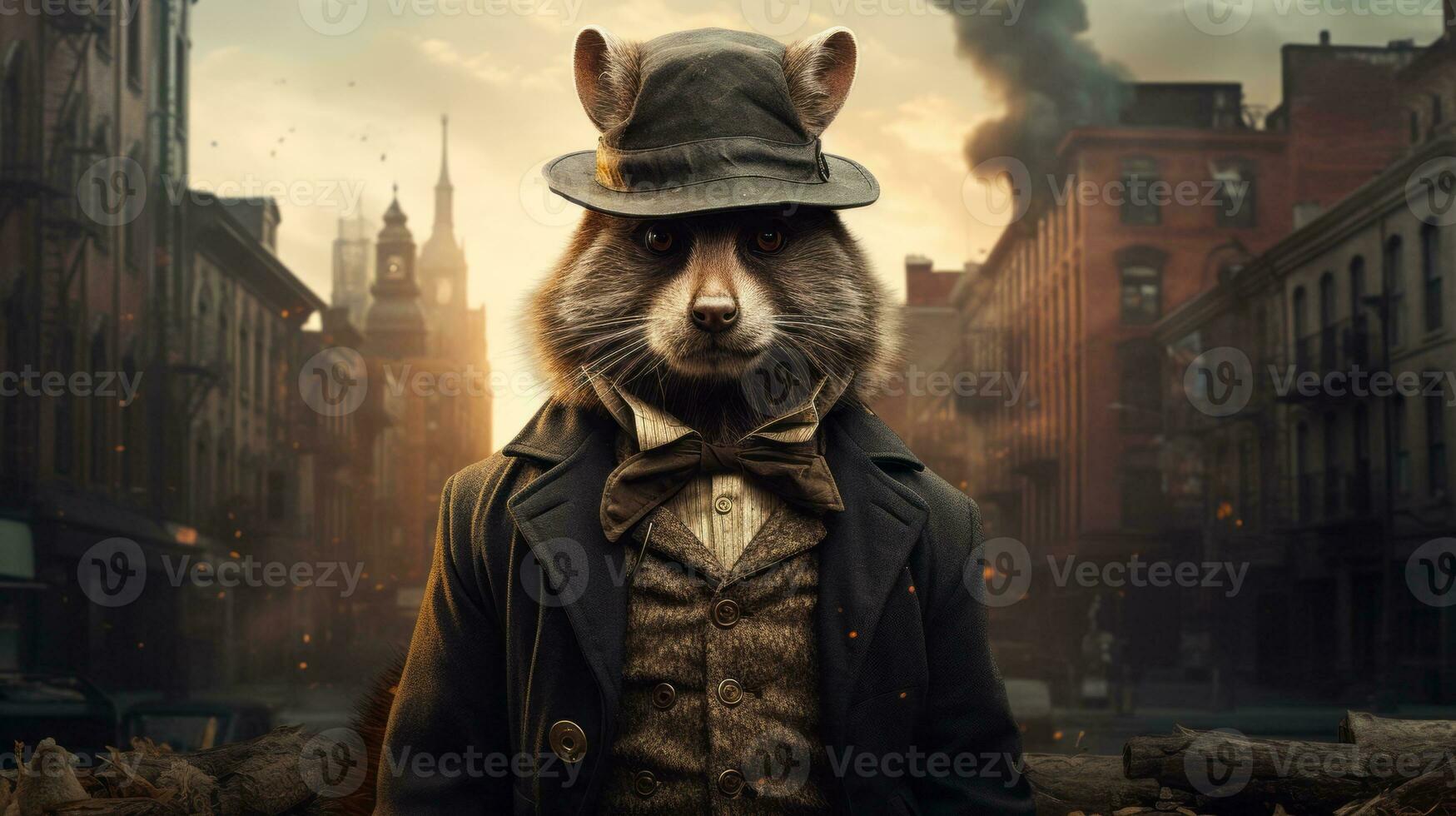 As the raccoon climbed the building, its hat and coat flapped in the wild sky, blending in perfectly with the outdoor scenery, AI Generative photo