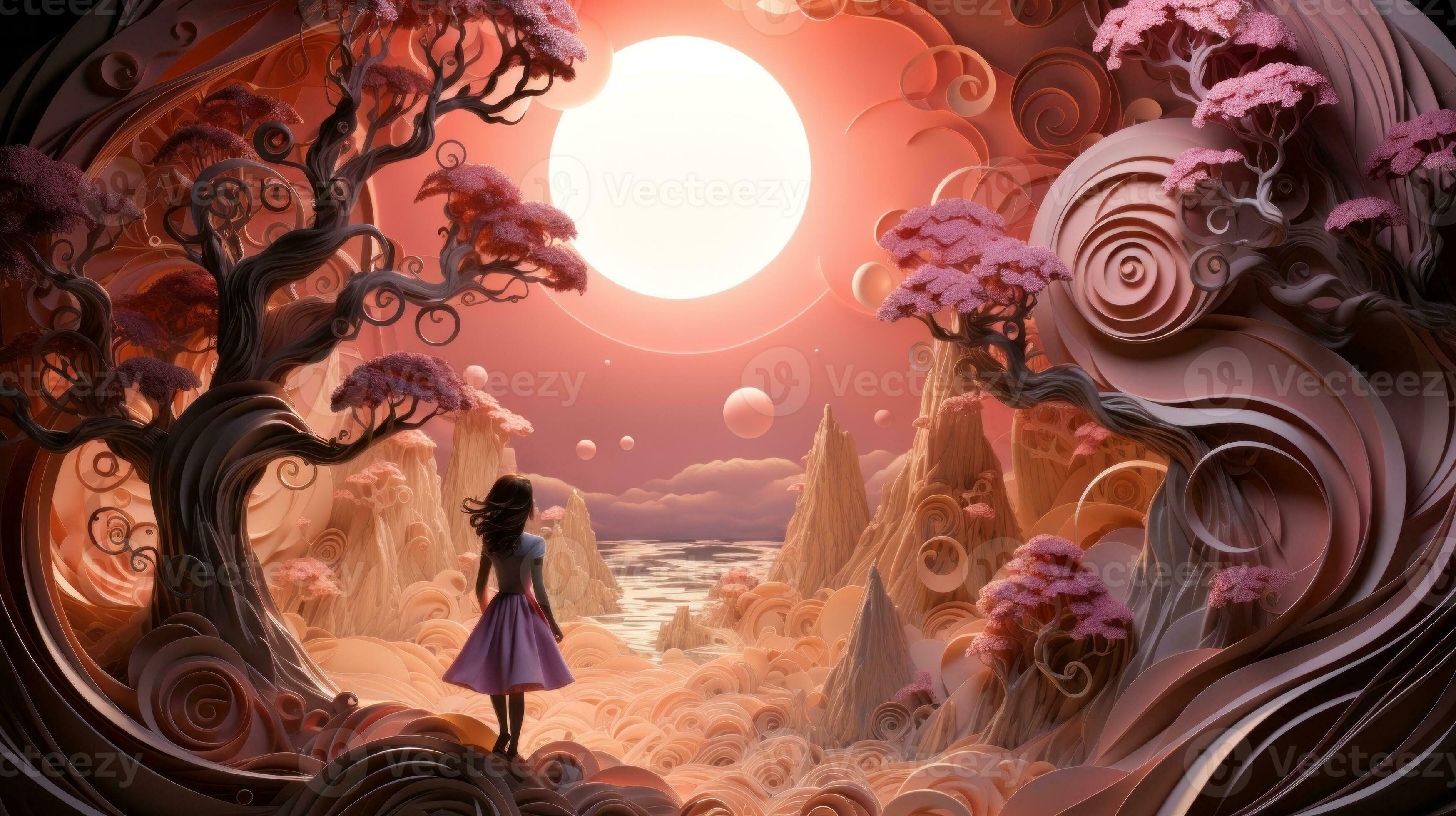 In a dreamy world of vibrant hues, an ethereal woman in a flowing pink  dress gazes upon a magnificent moon, surrounded by delicate flowers,  evoking a sense of otherworldly beauty, AI Generative