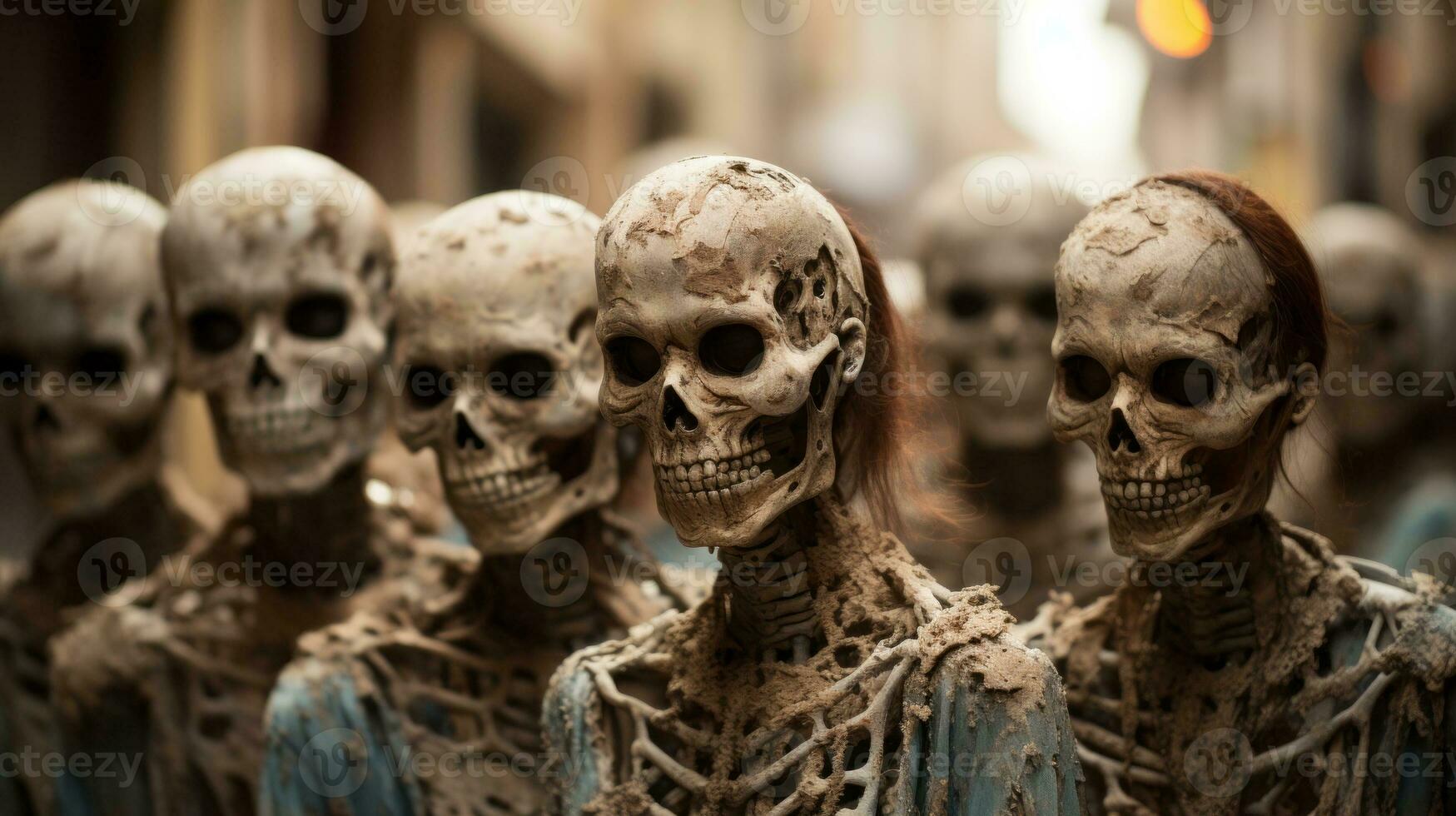 A hauntingly beautiful display of skeletal art, where rows of skulls and bones rest peacefully in the outdoor elements, evoking a sense of eerie serenity, AI Generative photo