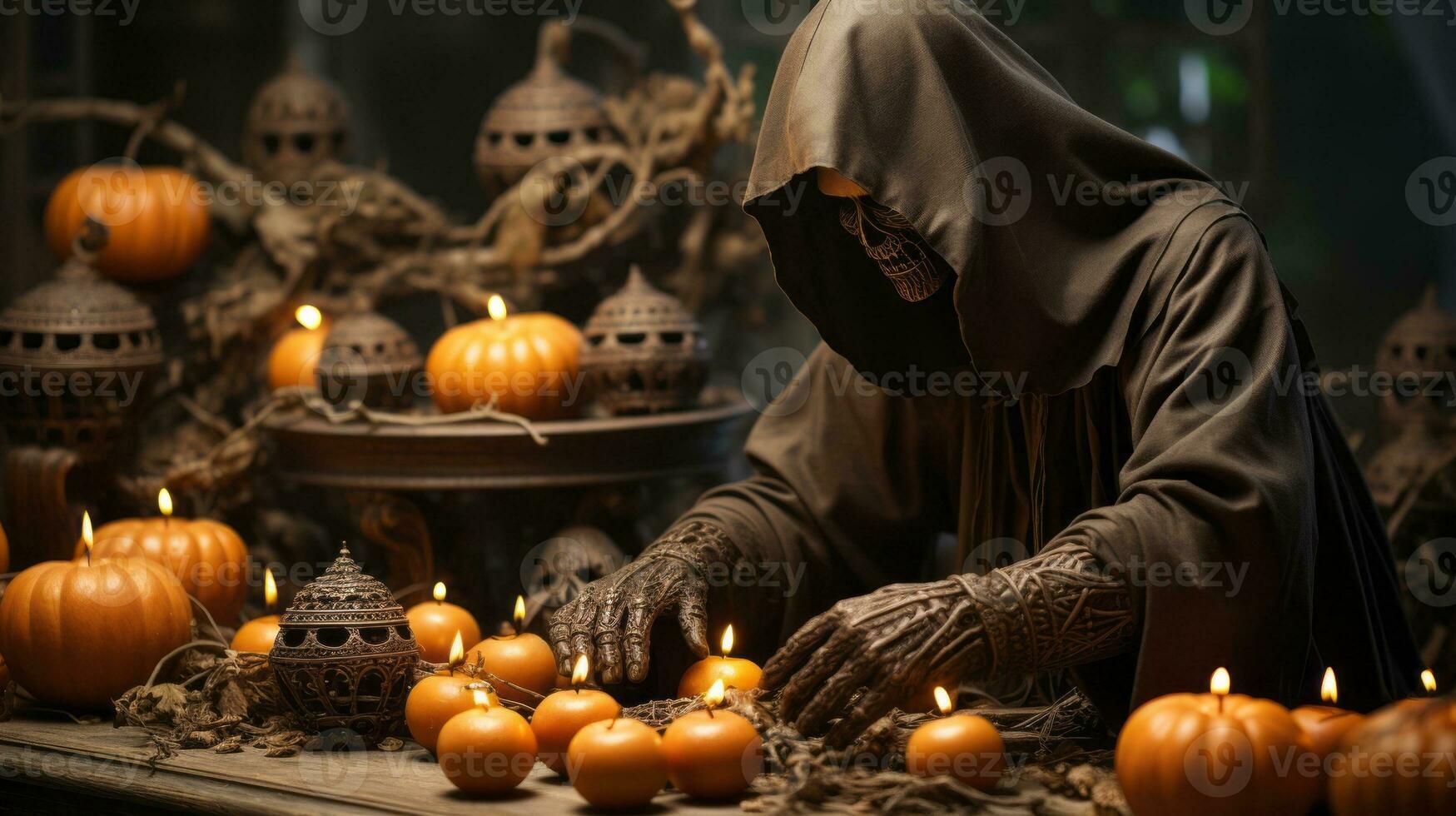 A person wearing a mask and holding candles, AI Generative photo