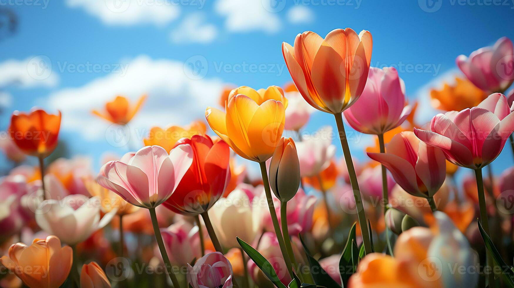 a field of poppies with a blue sky in the background AI Generative photo