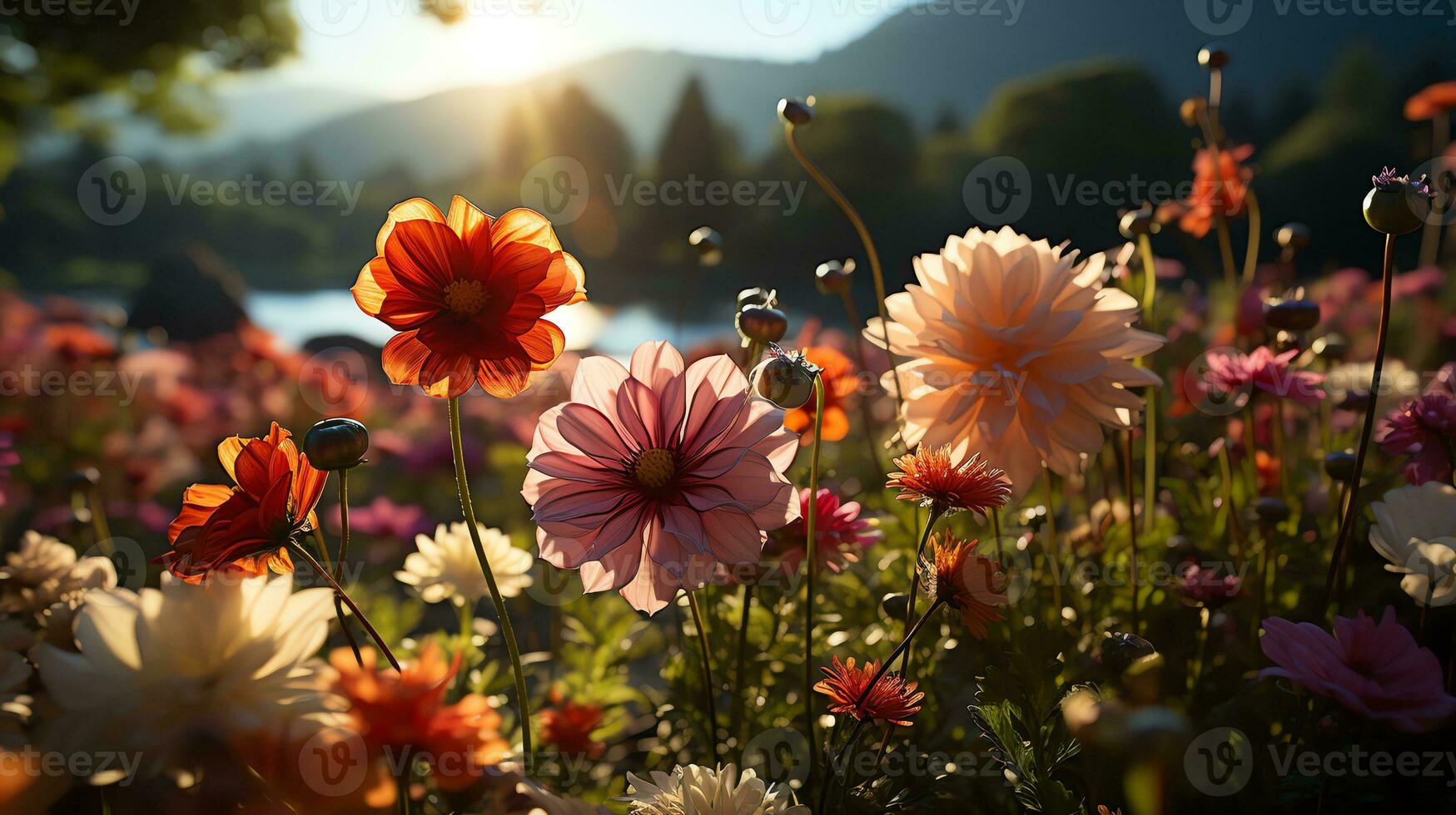 beautiful flower field scenery AI Generative photo