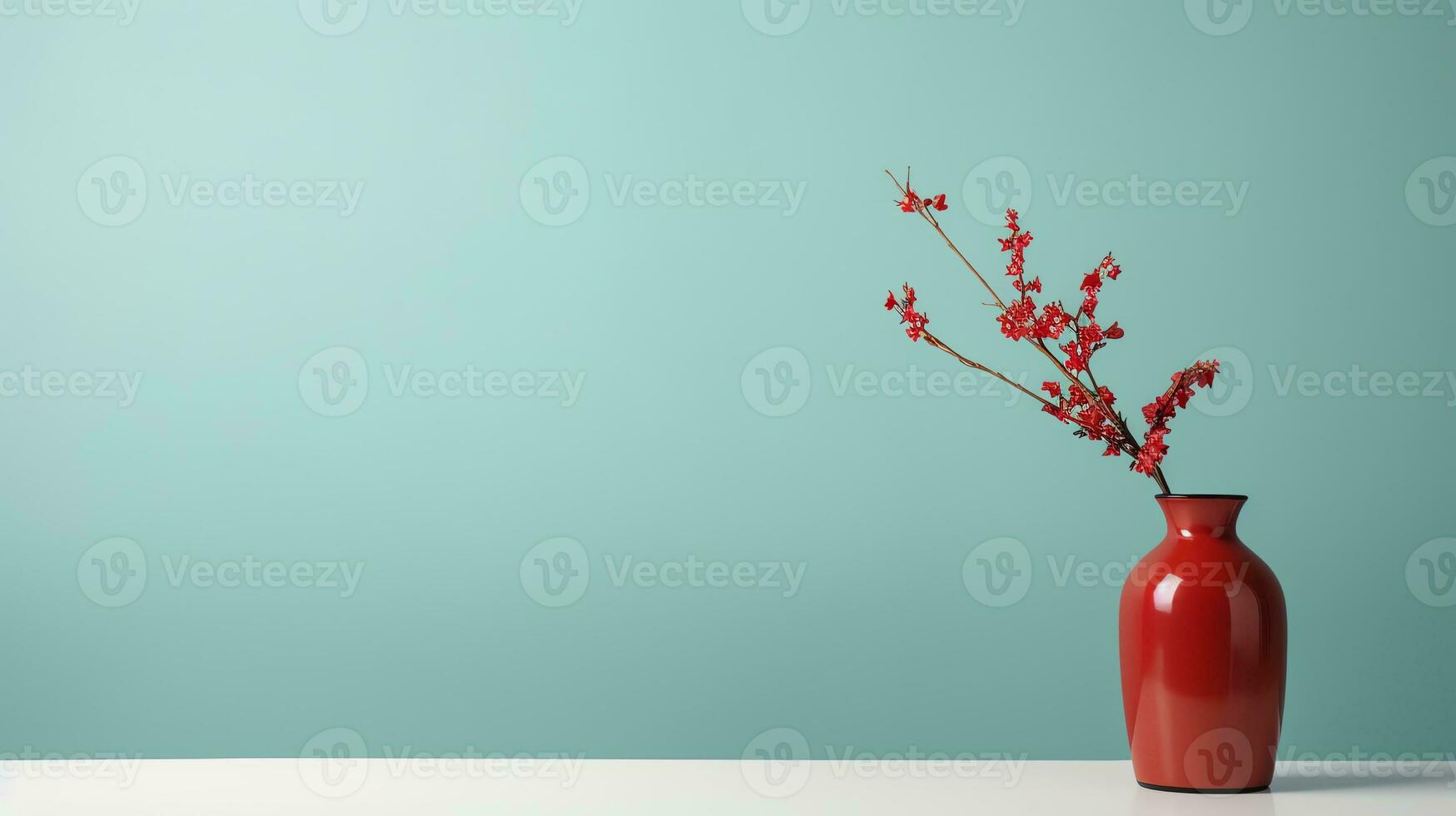 a red vase with a plant in it on a shelf AI Generative photo
