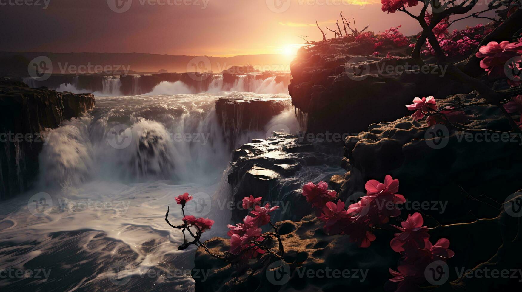 a beautiful sunset over a waterfall photo