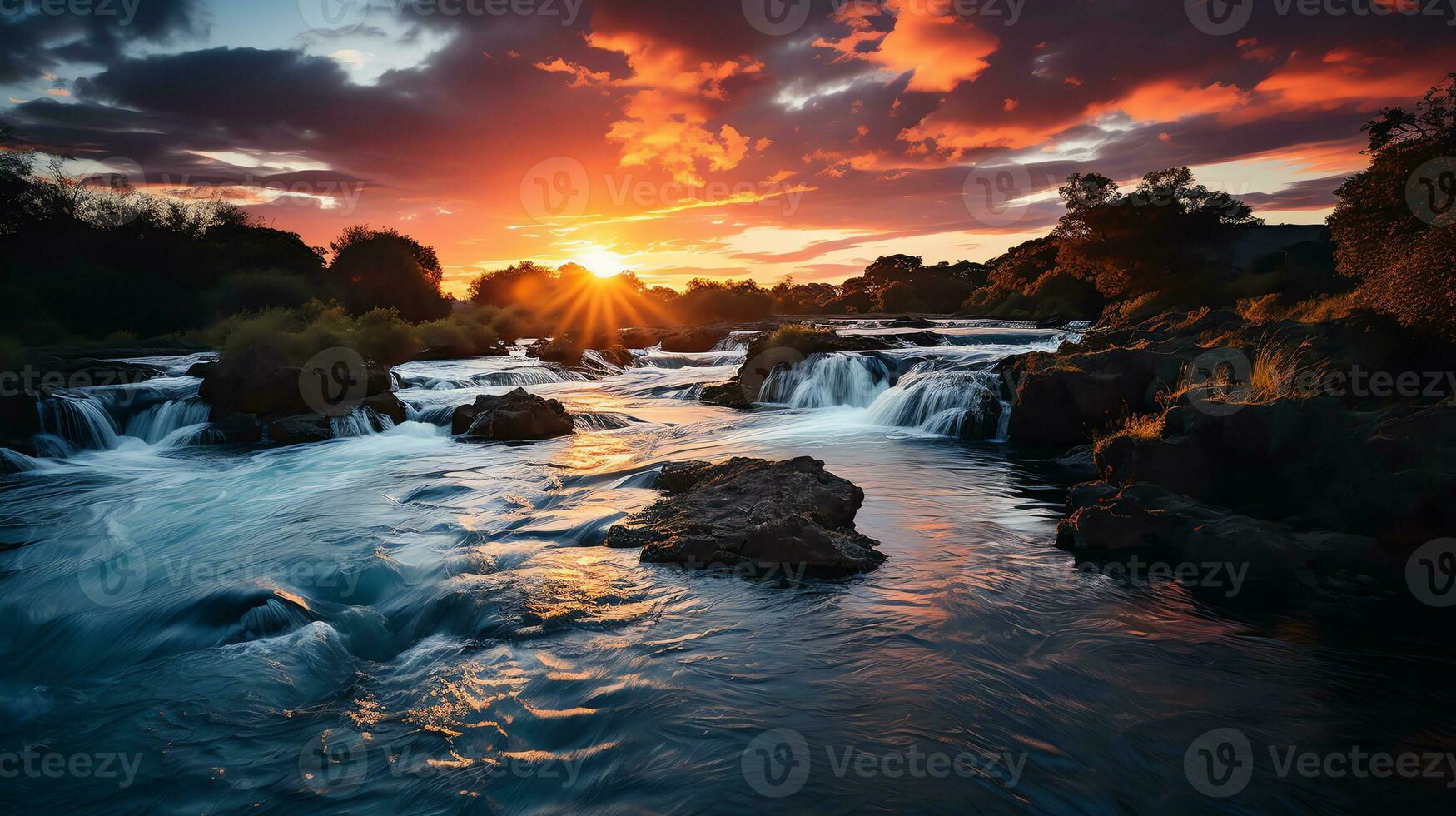 a beautiful sunset over a waterfall photo