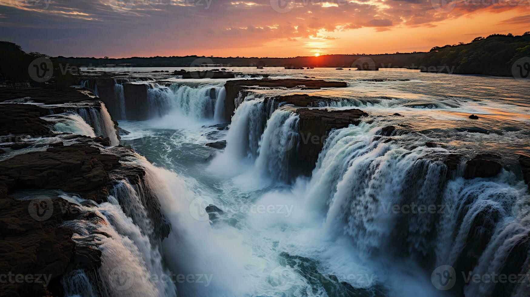 a beautiful sunset over a waterfall photo
