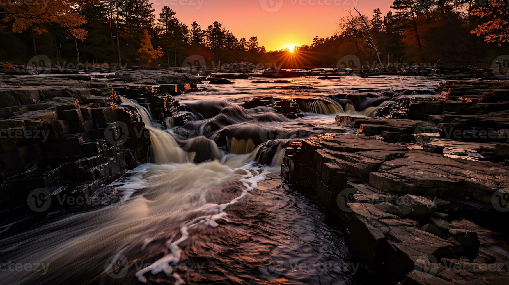 the sun sets over a waterfall in the middle of a river AI Generative photo