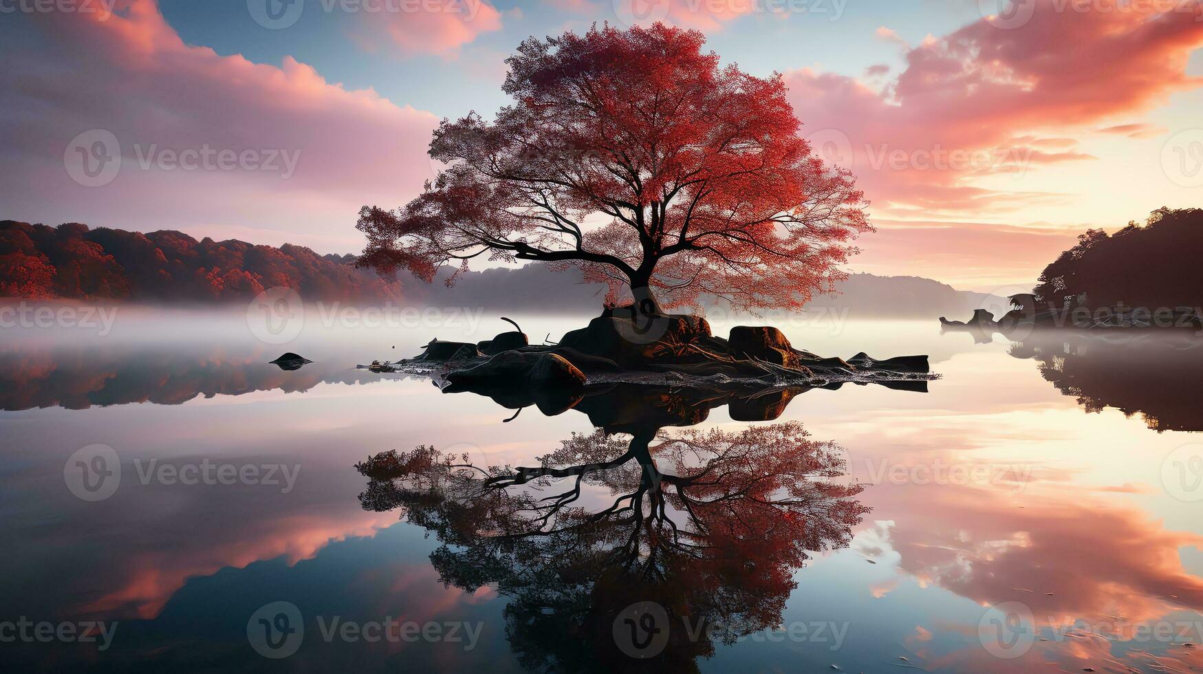 the sun sets over a waterfall in the middle of a river AI Generative photo