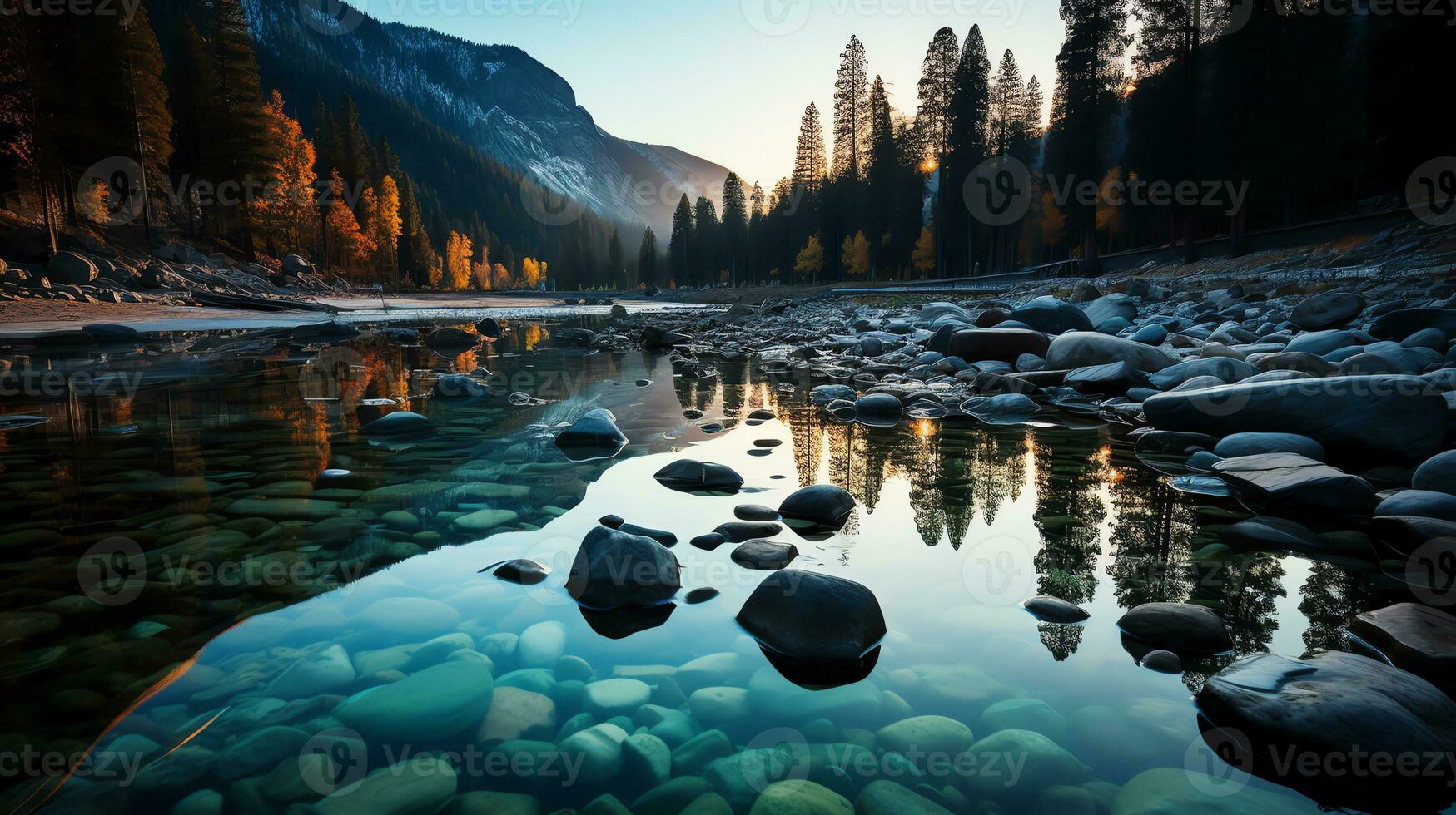 the sun sets over a waterfall in the middle of a river AI Generative photo