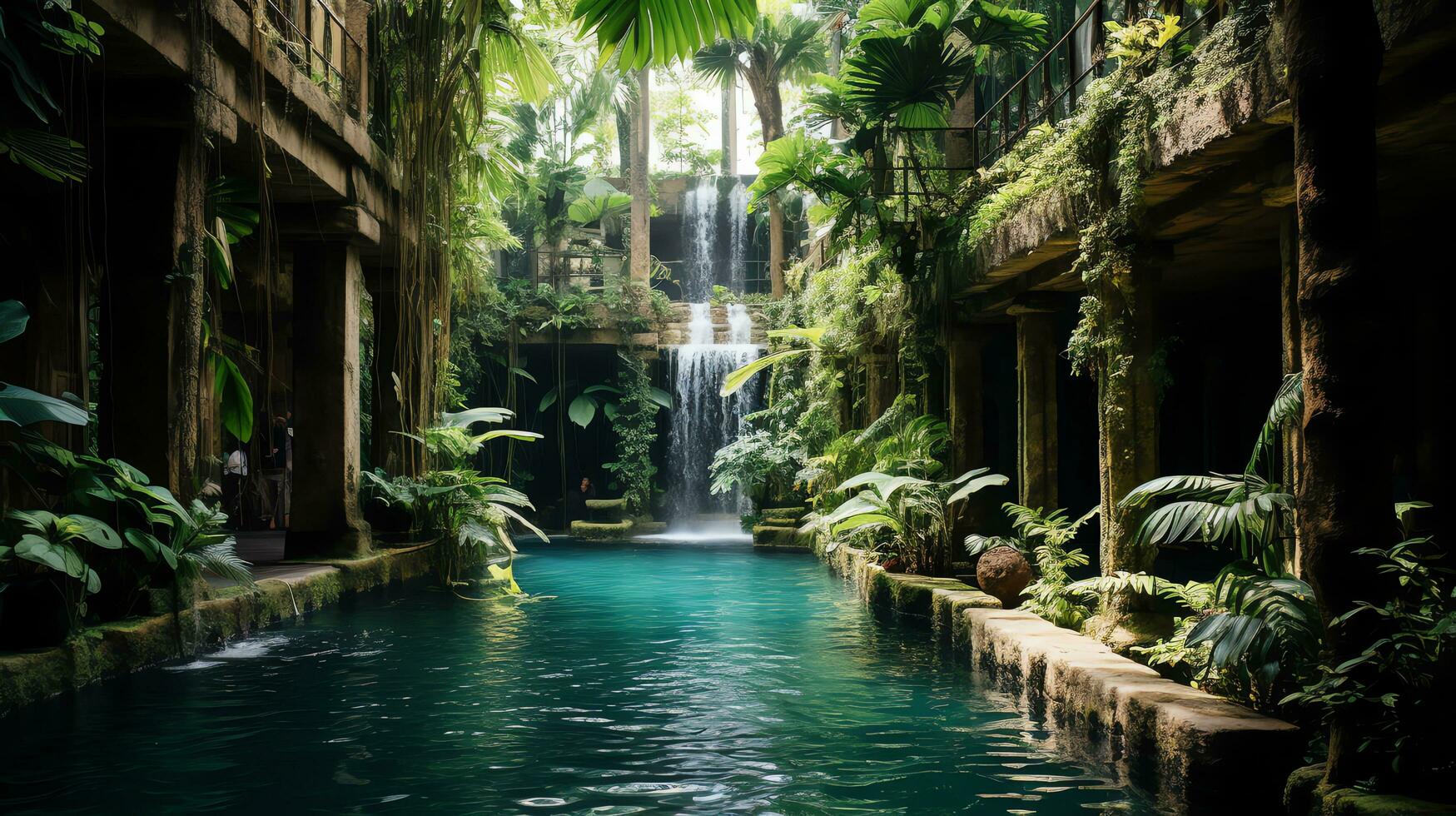 cascada a puesta de sol en el bosque ai generativo foto