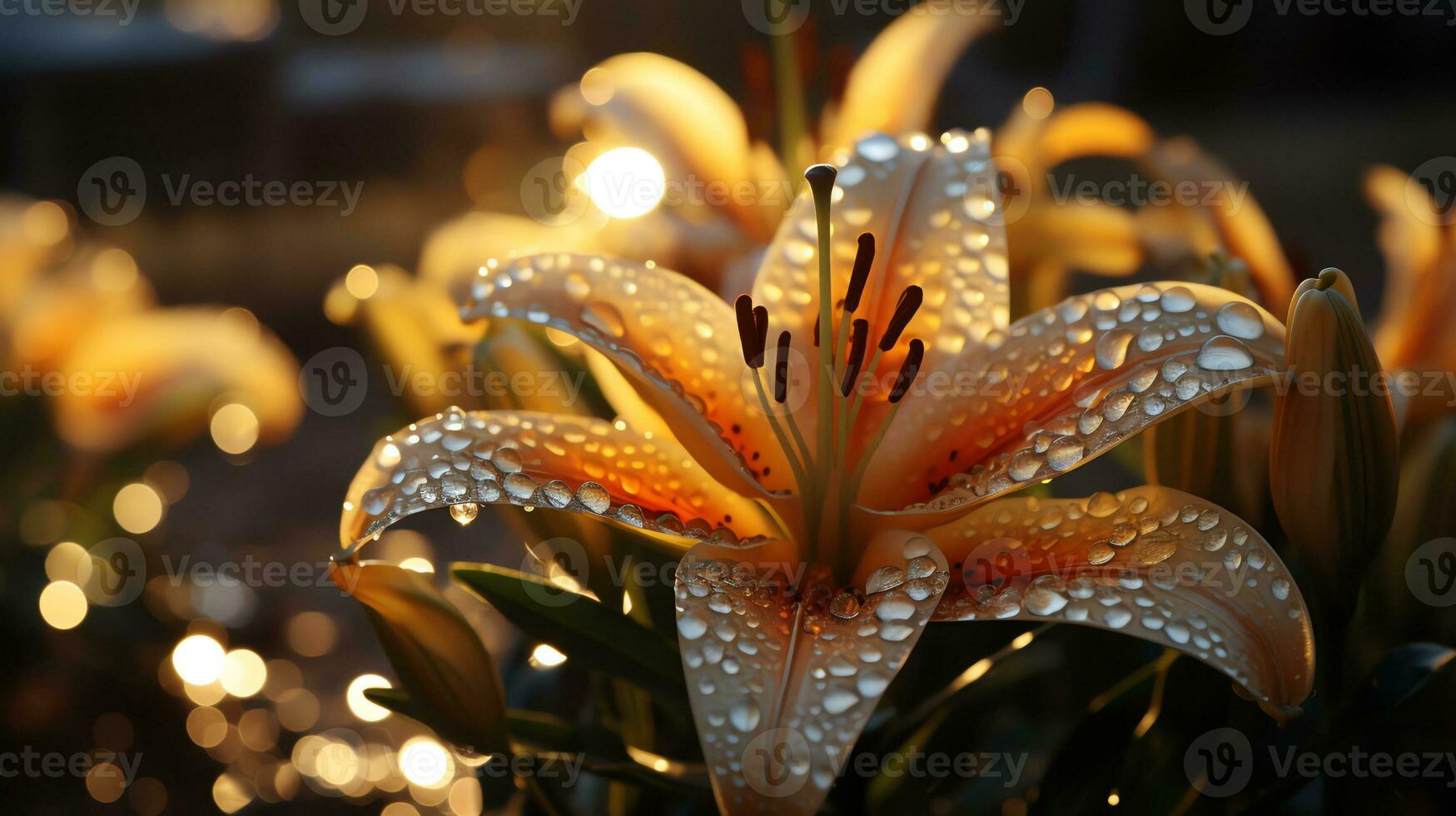 un rosado flor con agua gotas en eso ai generativo foto