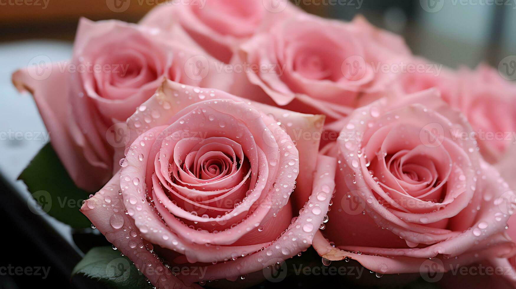 un rosado flor con agua gotas en eso ai generativo foto