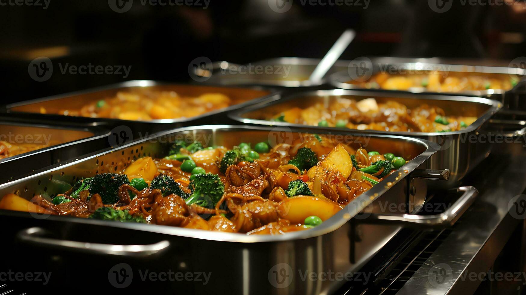 un hombre servicio comida en un buffet mesa ai generativo foto