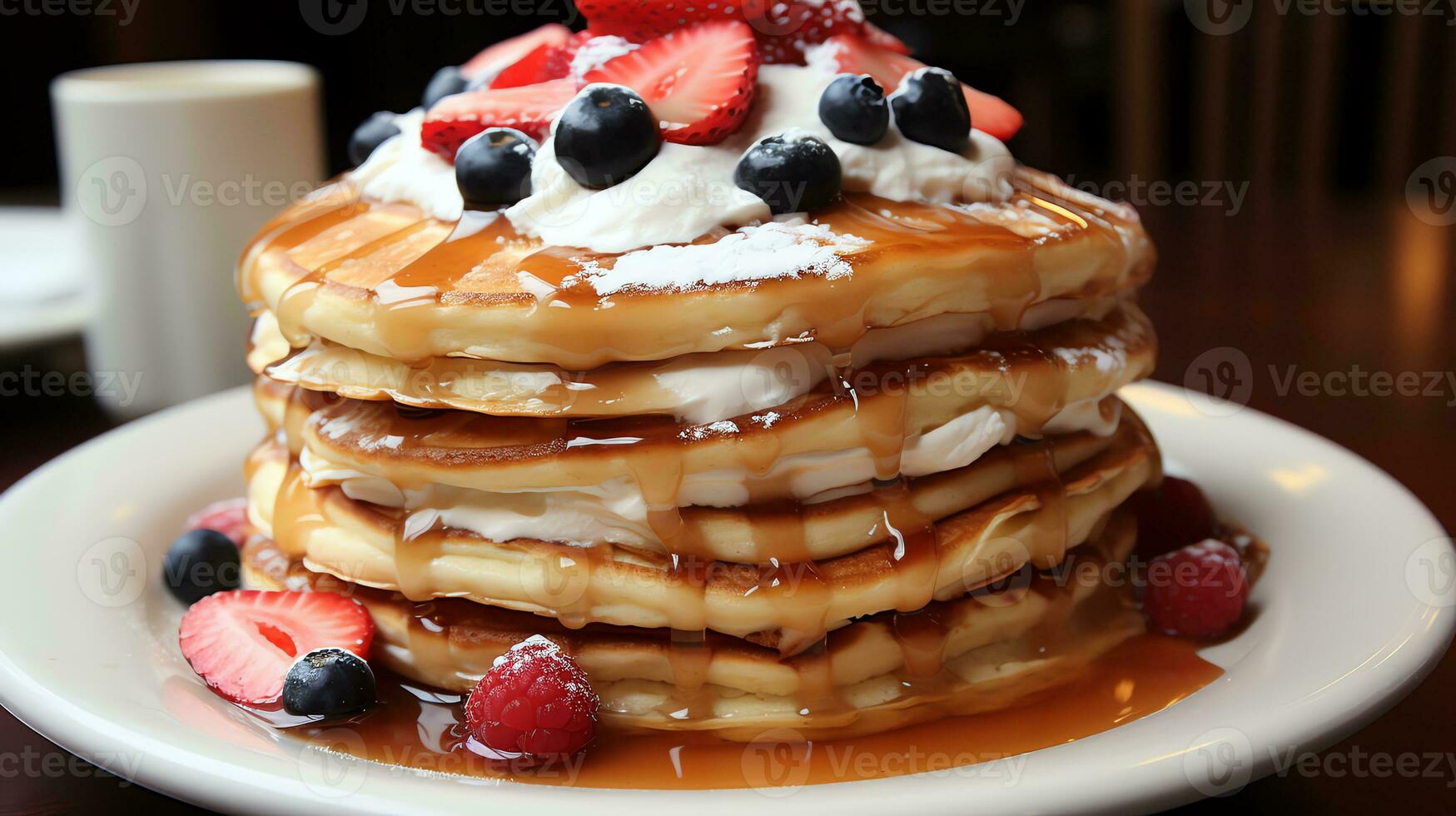 a stack of pancakes with berries and cream AI Generative photo