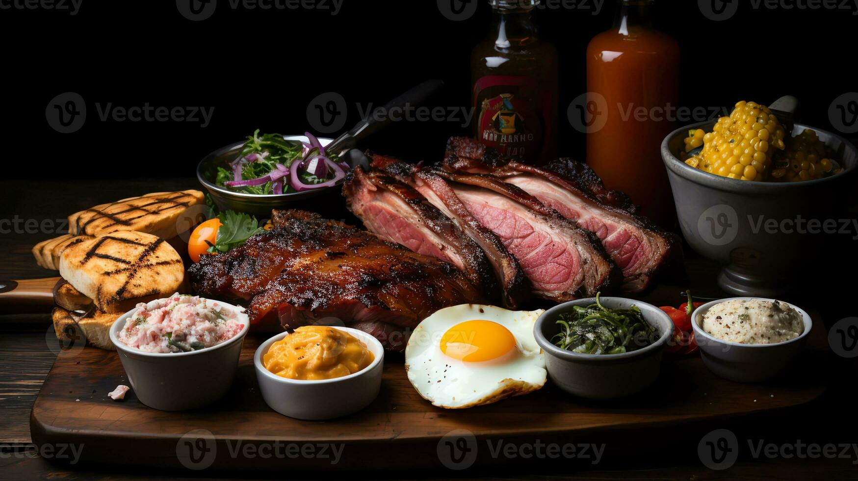 un plato con pan, camarón y vino ai generativo foto