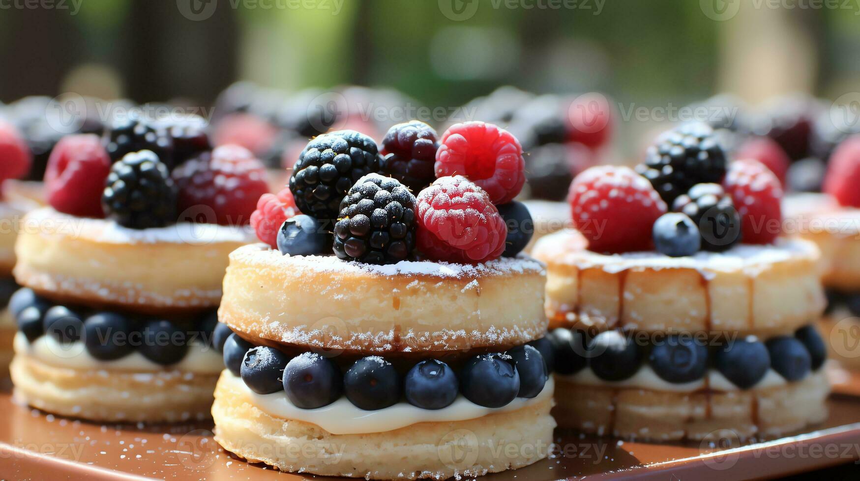 a waffle with ice cream, berries and chocolate syrup AI Generative photo